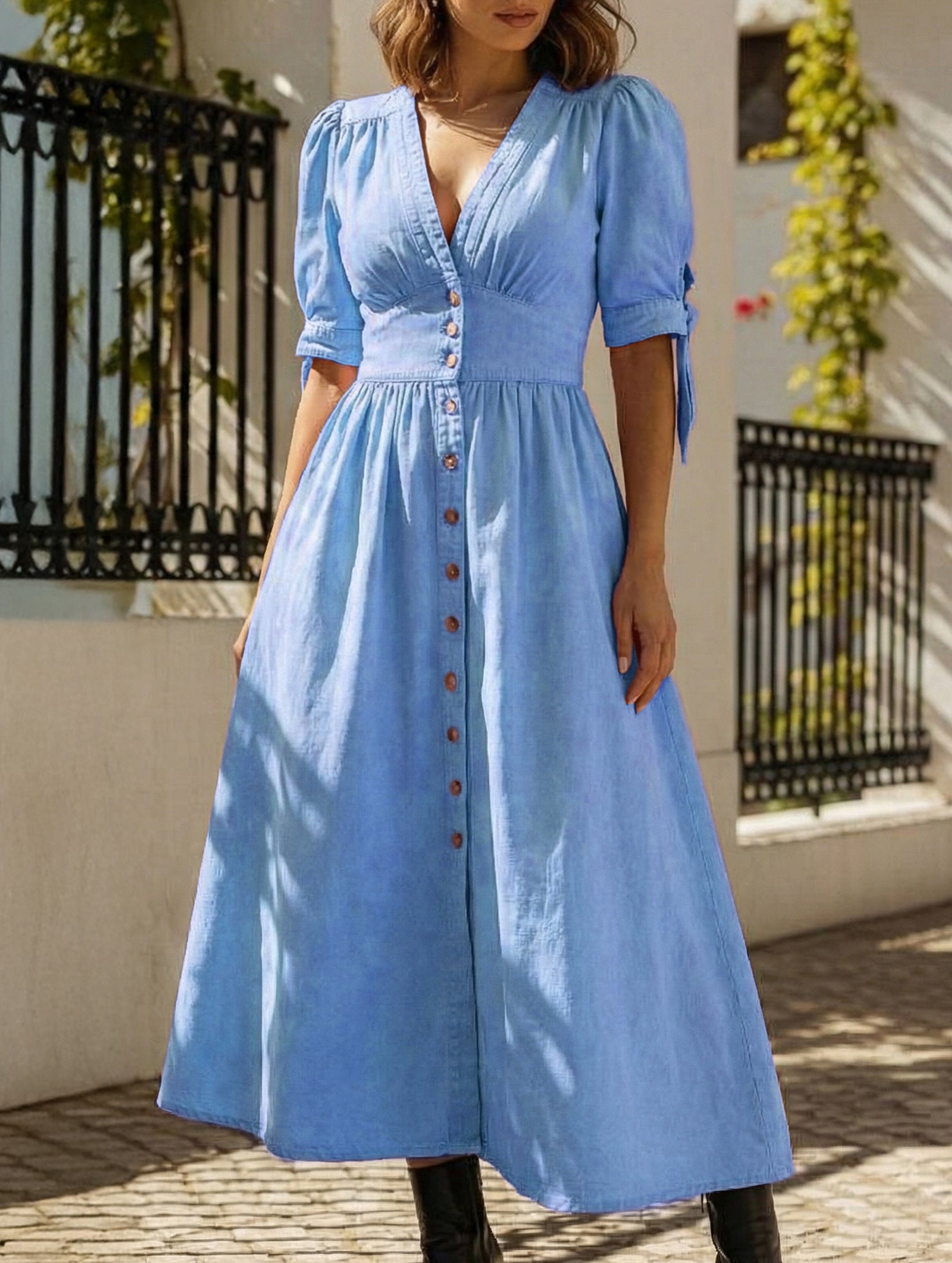 Anna-Berg | Stylish Deep V-Neck Fitted Shirt Dress