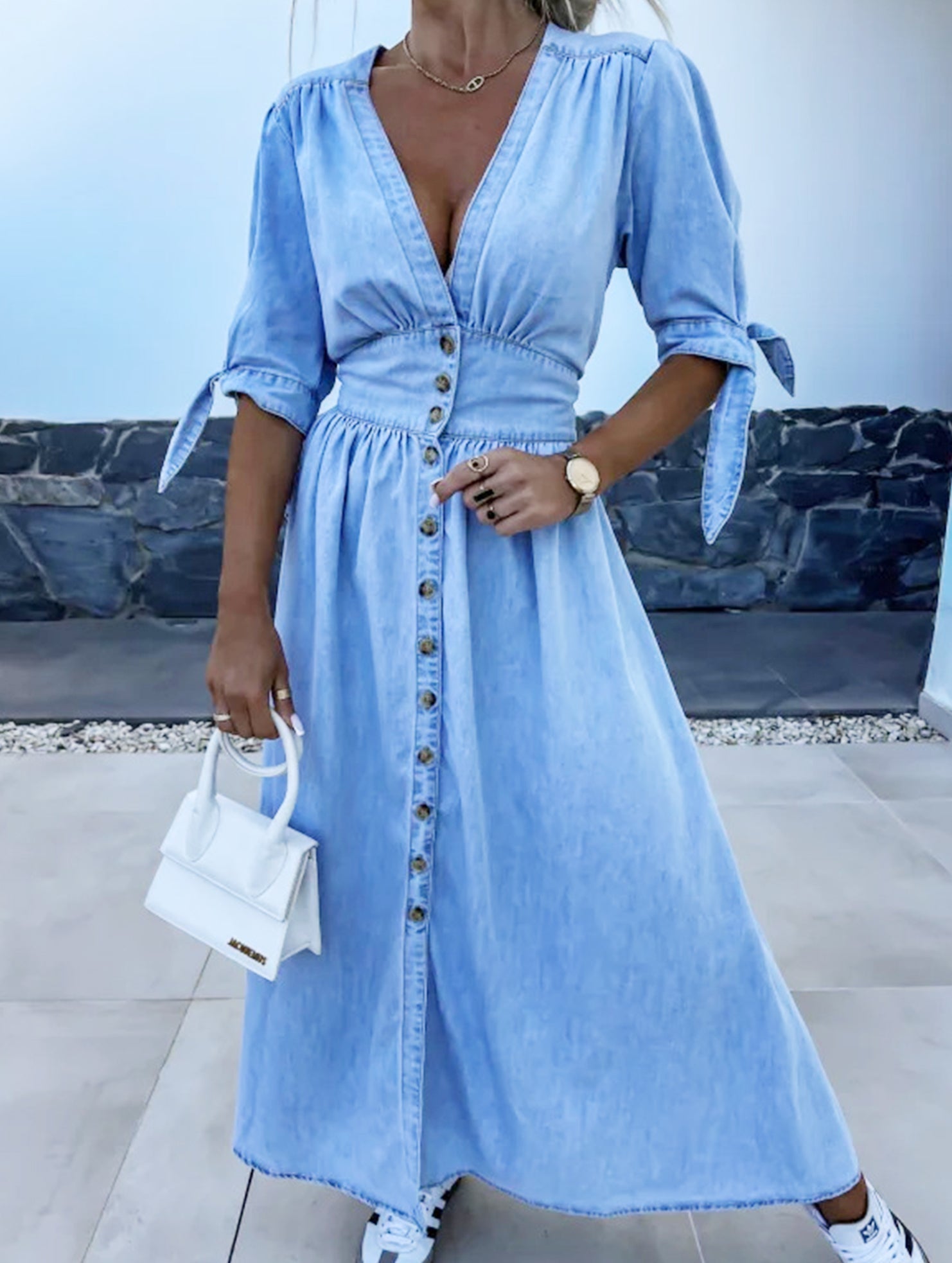 Anna-Berg | Stylish Deep V-Neck Fitted Shirt Dress