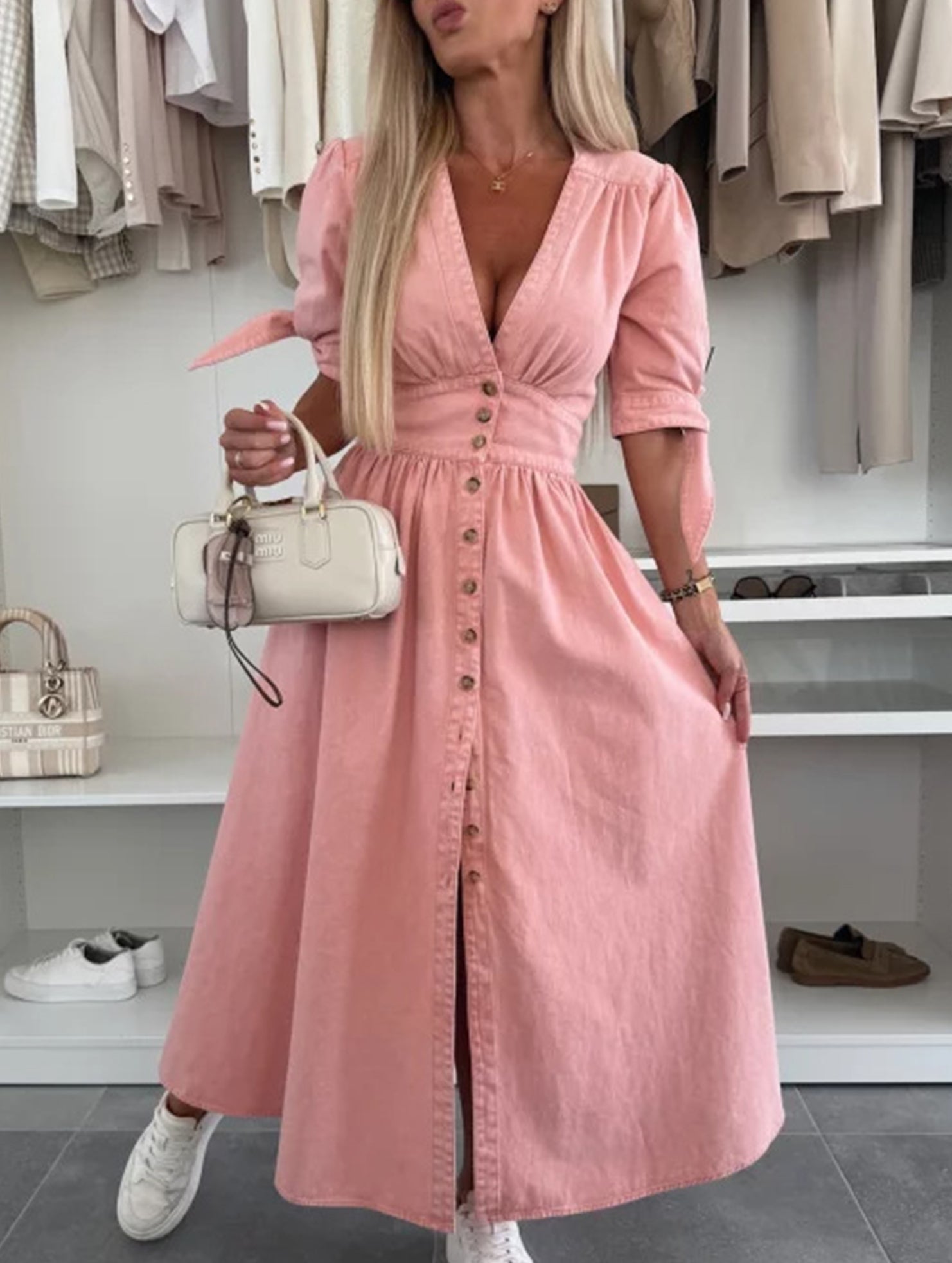 Anna-Berg | Stylish Deep V-Neck Fitted Shirt Dress