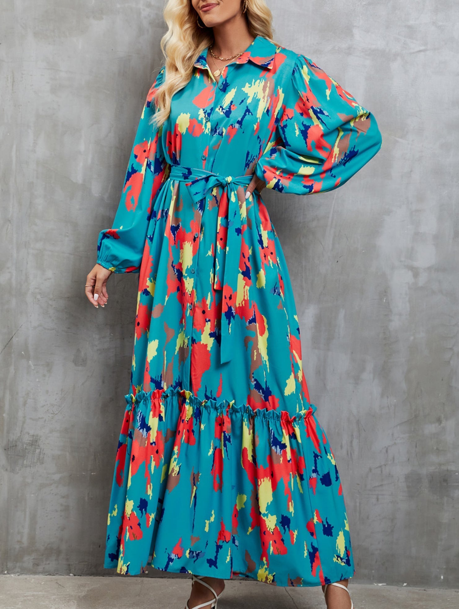 Anna-Berg | Printed Tie-Waist Lantern Sleeve Dress