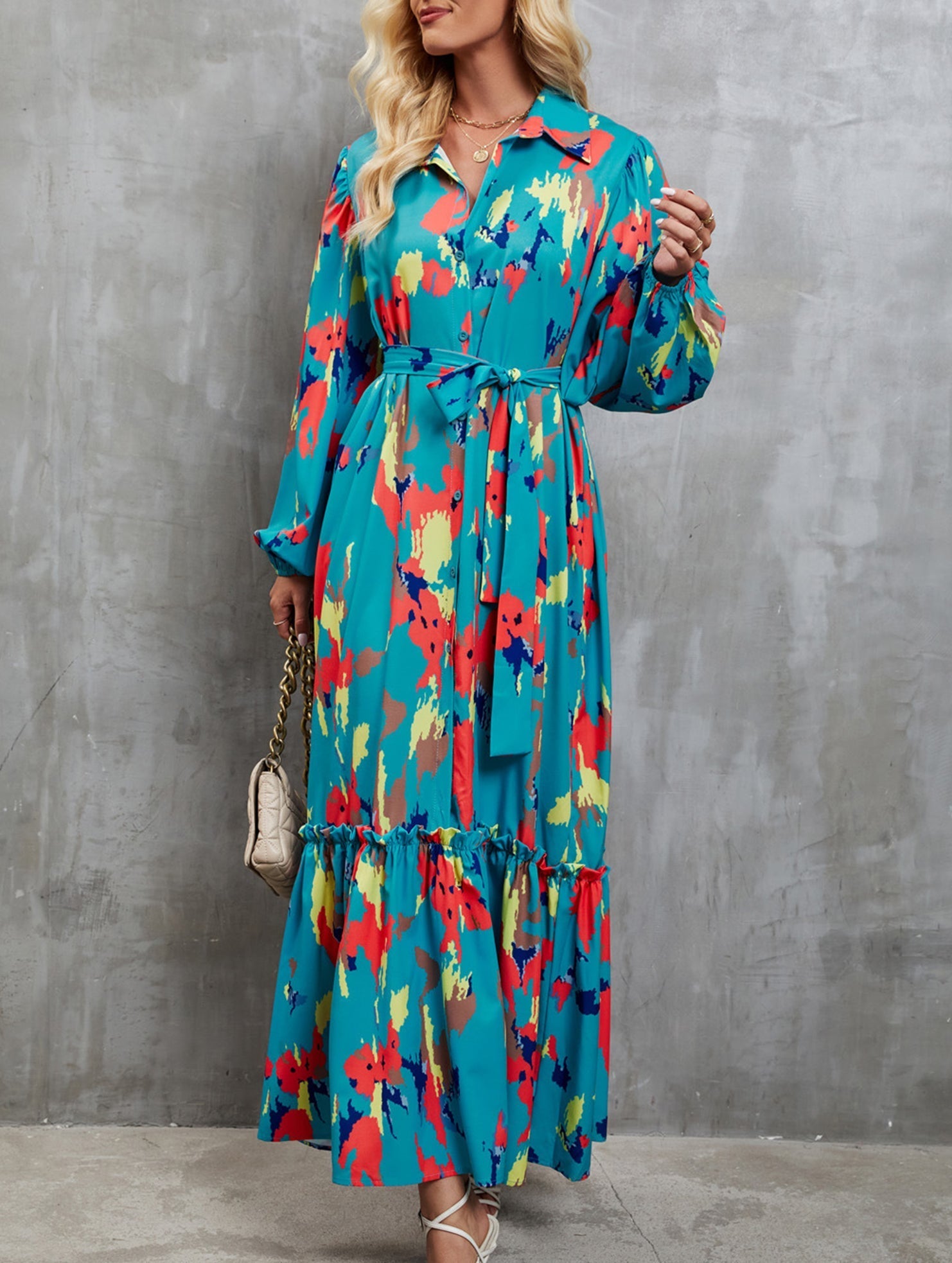 Anna-Berg | Printed Tie-Waist Lantern Sleeve Dress