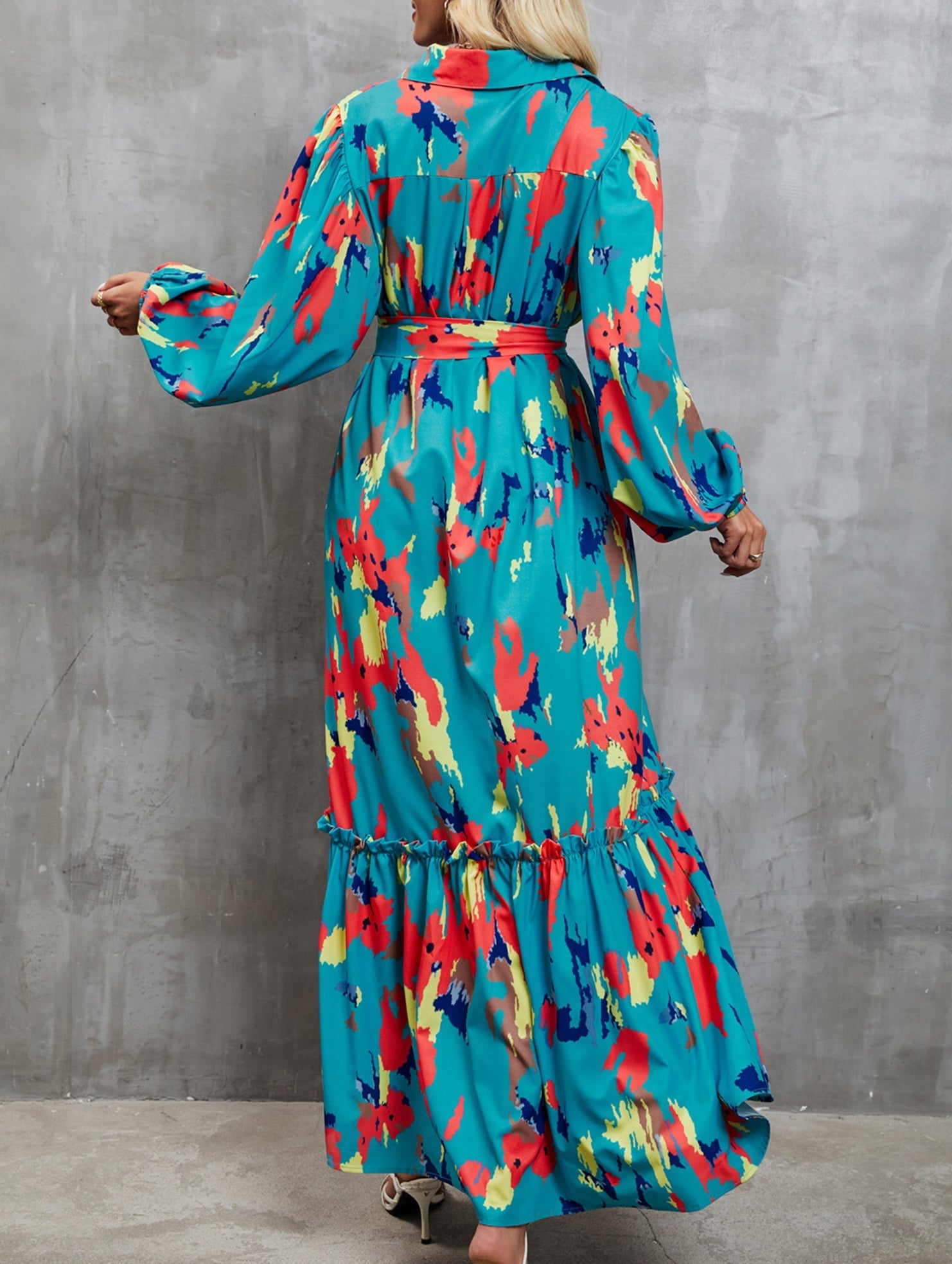 Anna-Berg | Printed Tie-Waist Lantern Sleeve Dress