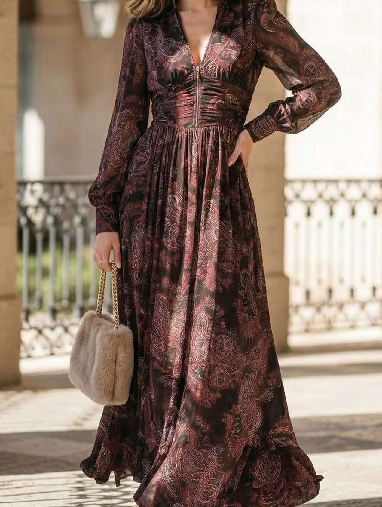Anna-Berg | Retro Long-Sleeved V-Neck Fitted Waist Dress