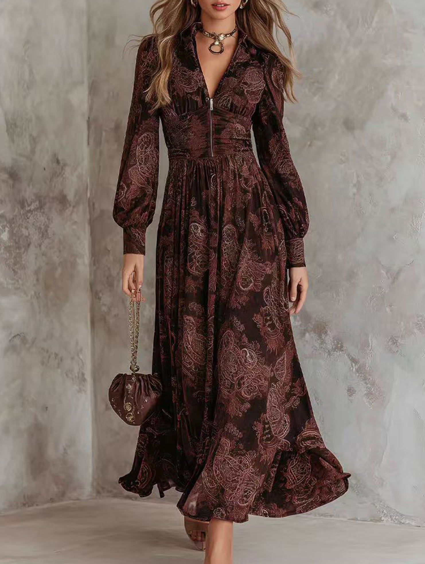 Anna-Berg | Retro Long-Sleeved V-Neck Fitted Waist Dress