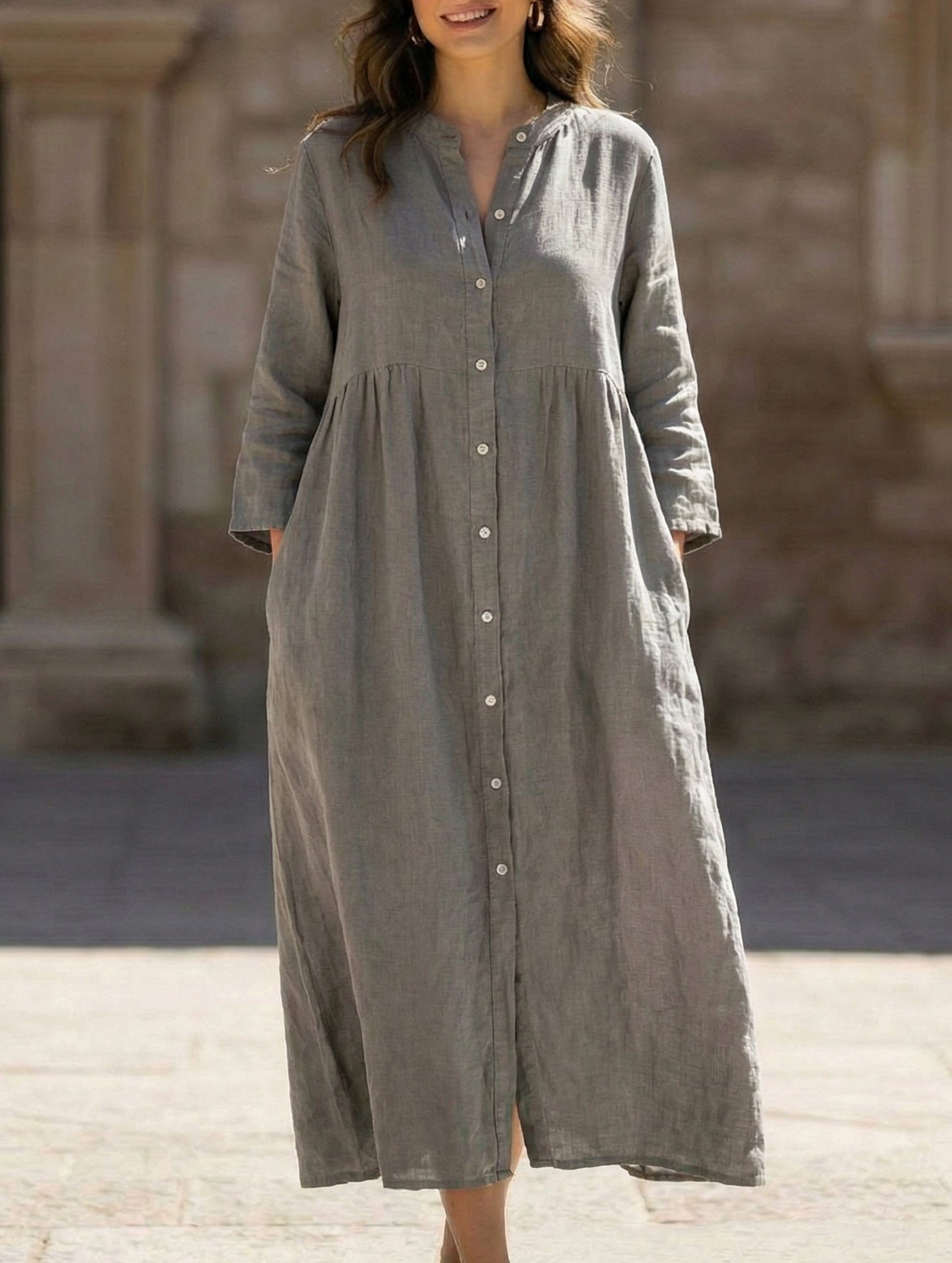 Anna-Berg | Solid Color Cotton Linen Button Dress