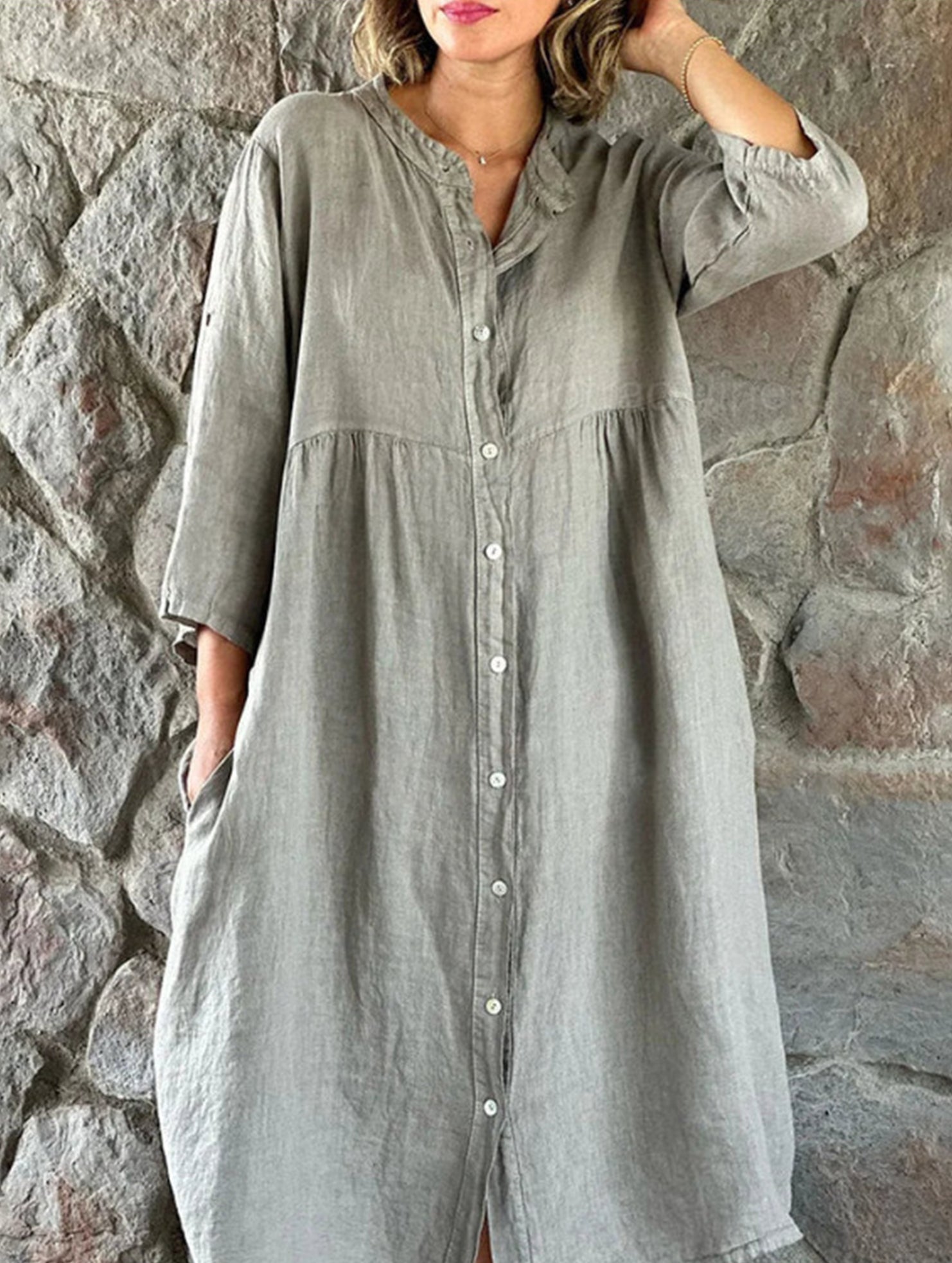 Anna-Berg | Solid Color Cotton Linen Button Dress