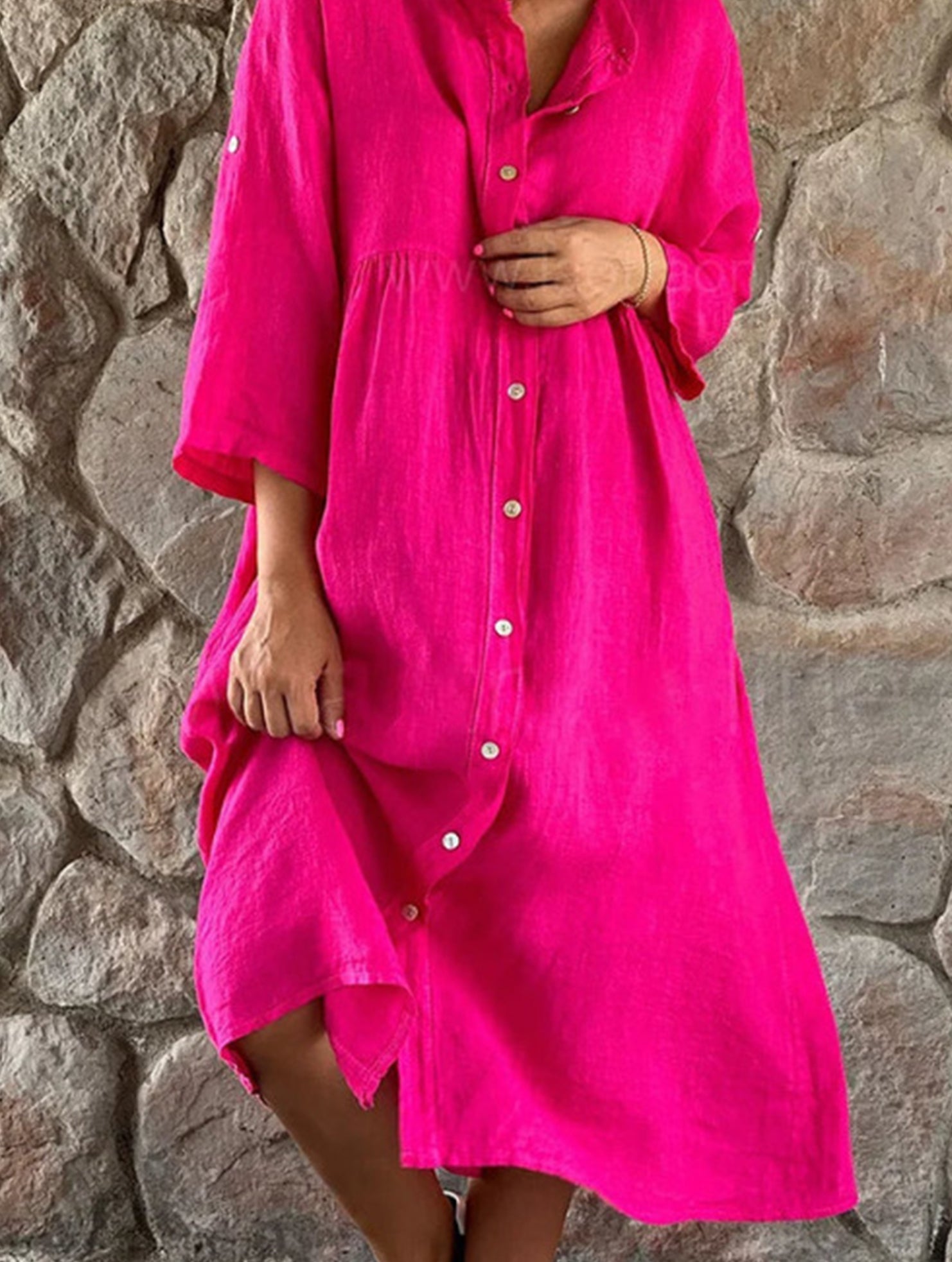 Anna-Berg | Solid Color Cotton Linen Button Dress