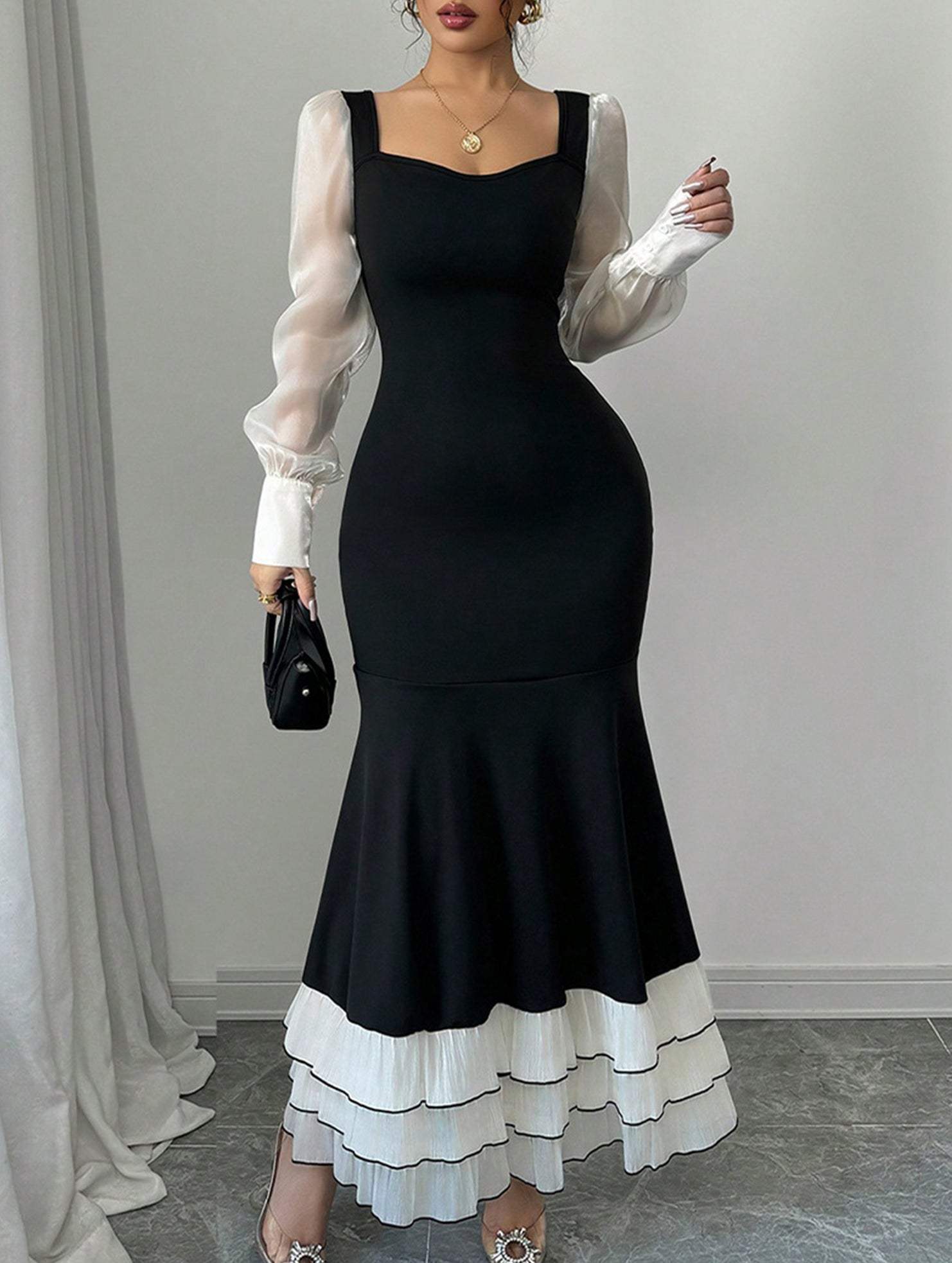 Anna-Berg | Colorblock Long Sleeve Mermaid Dress
