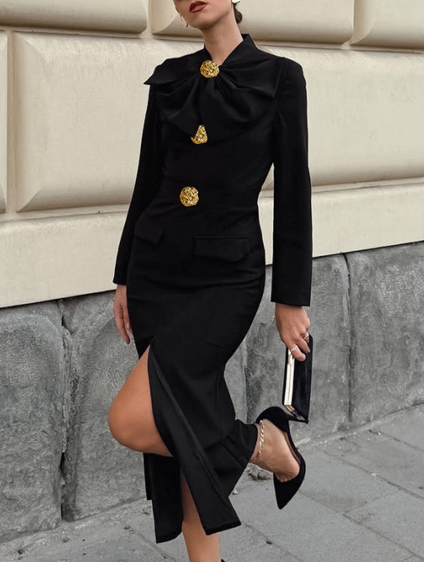 Anna-Berg | Elegant V-Neck Bow Waist-Cinching Dress