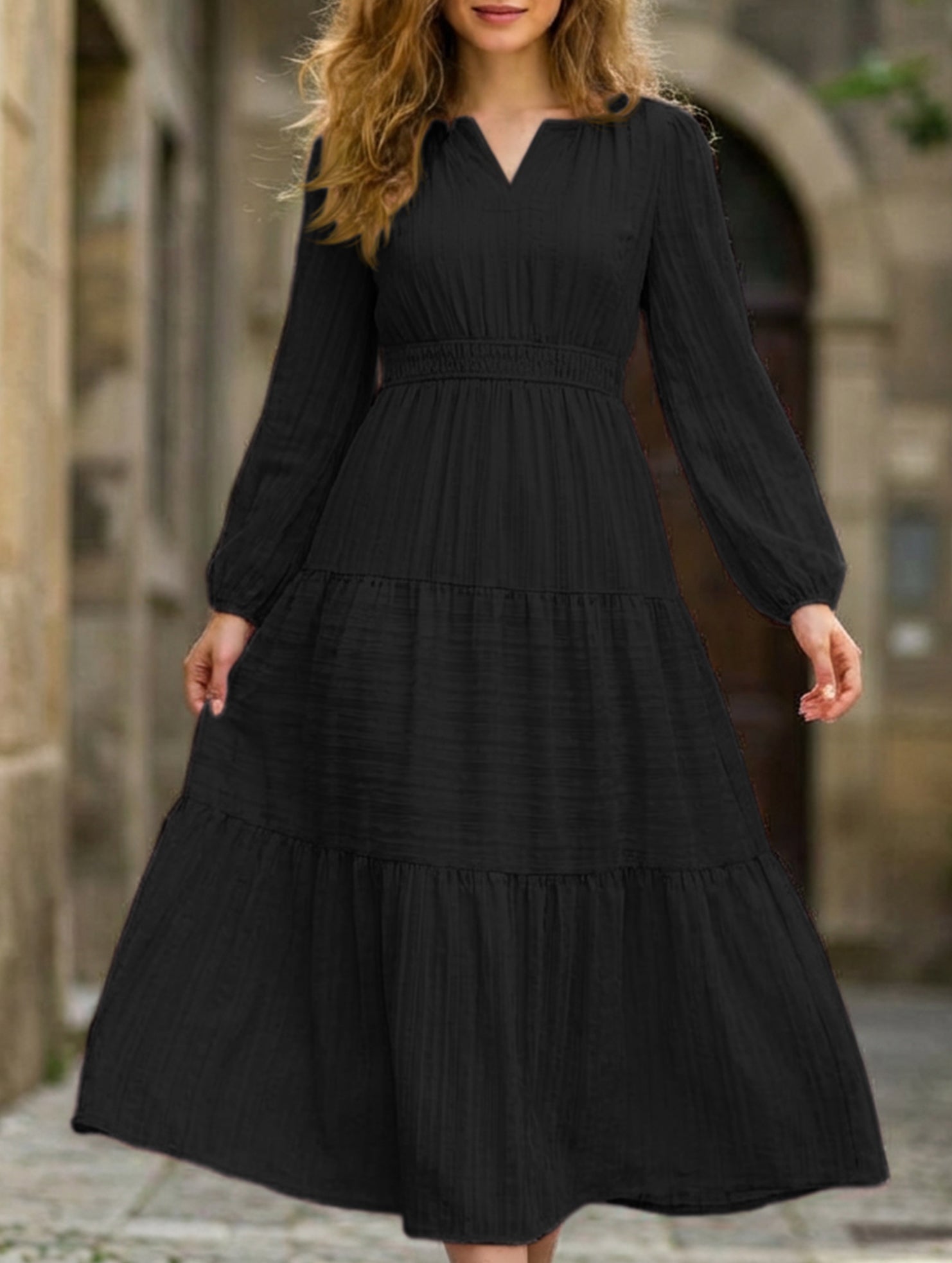 Anna-Berg | V Neck Tiered Puff Sleeve Dress