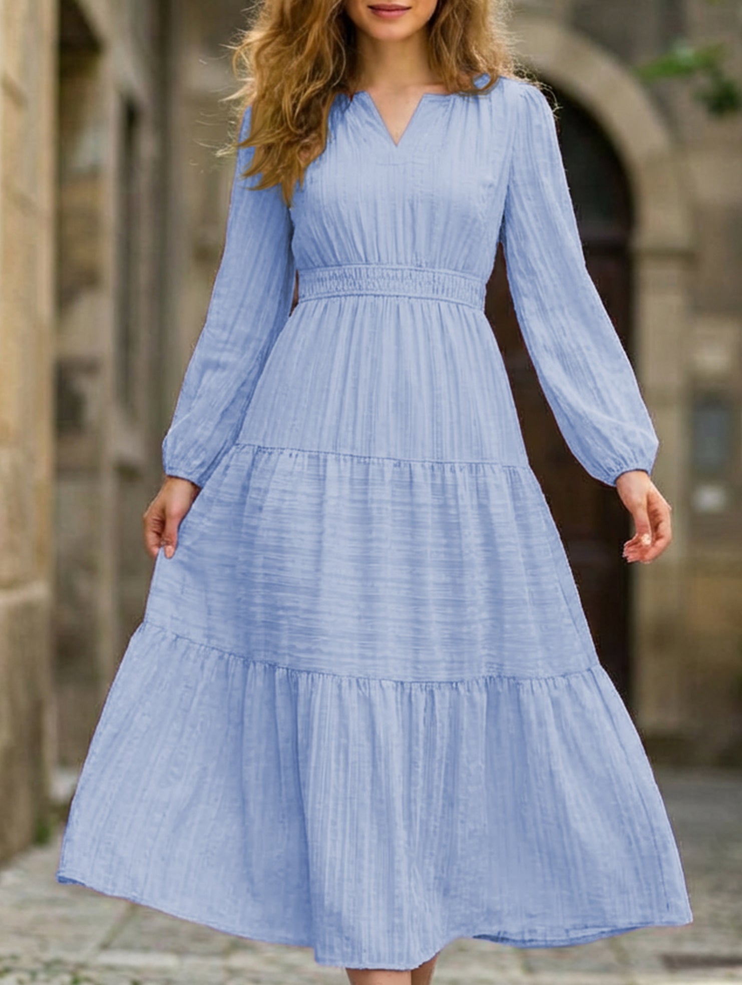 Anna-Berg | V Neck Tiered Puff Sleeve Dress
