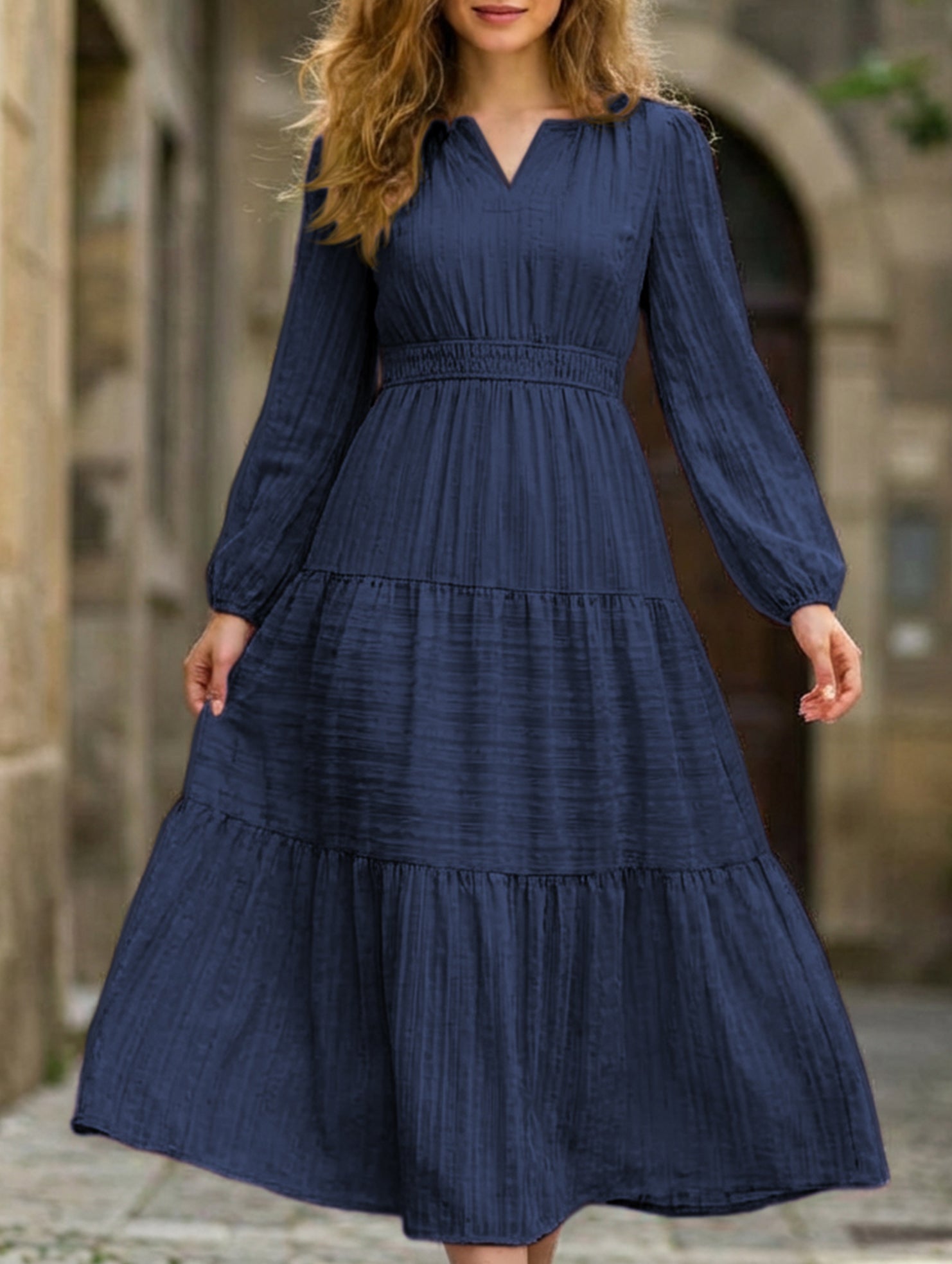 Anna-Berg | V Neck Tiered Puff Sleeve Dress