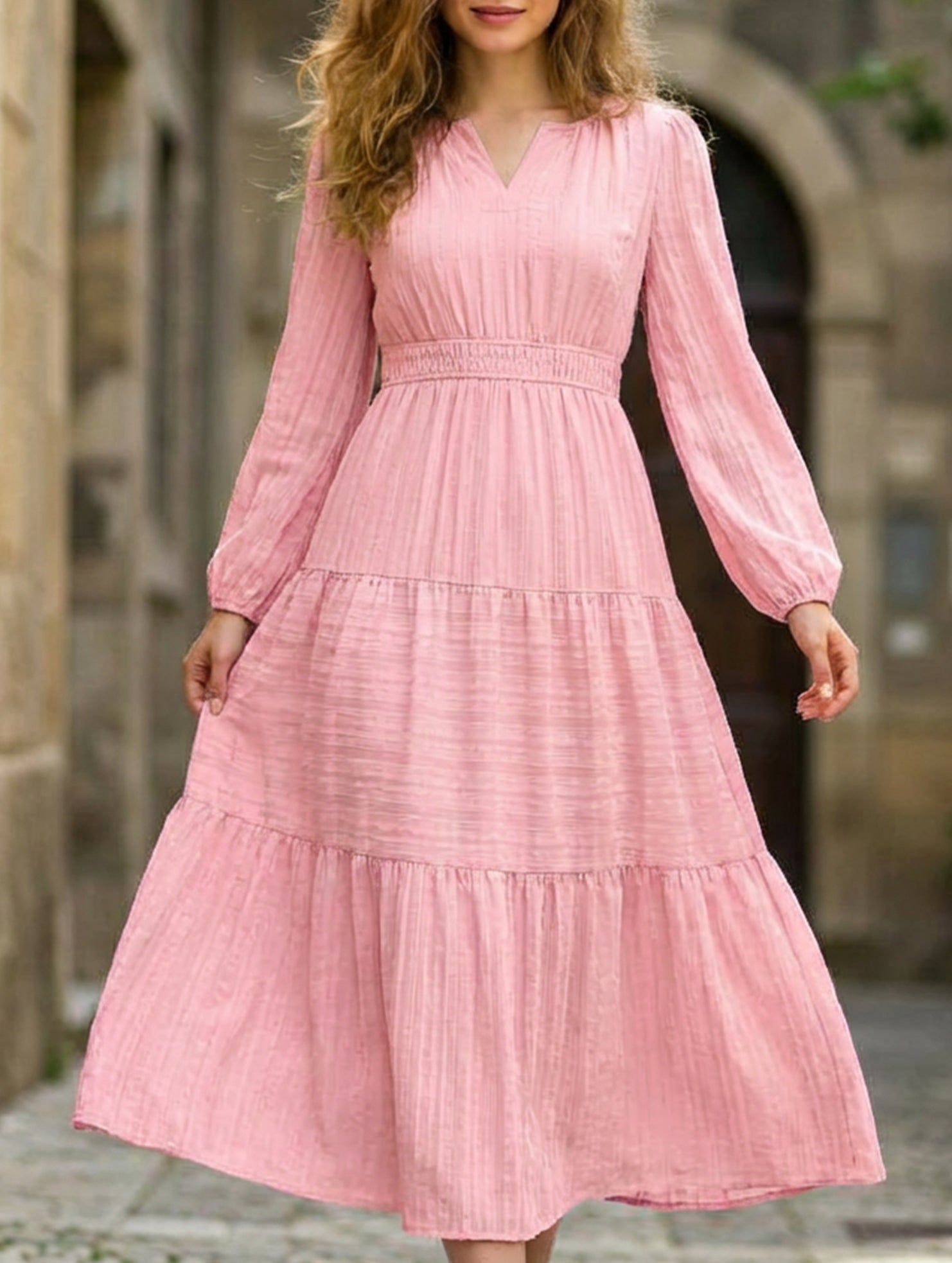 Anna-Berg | V Neck Tiered Puff Sleeve Dress