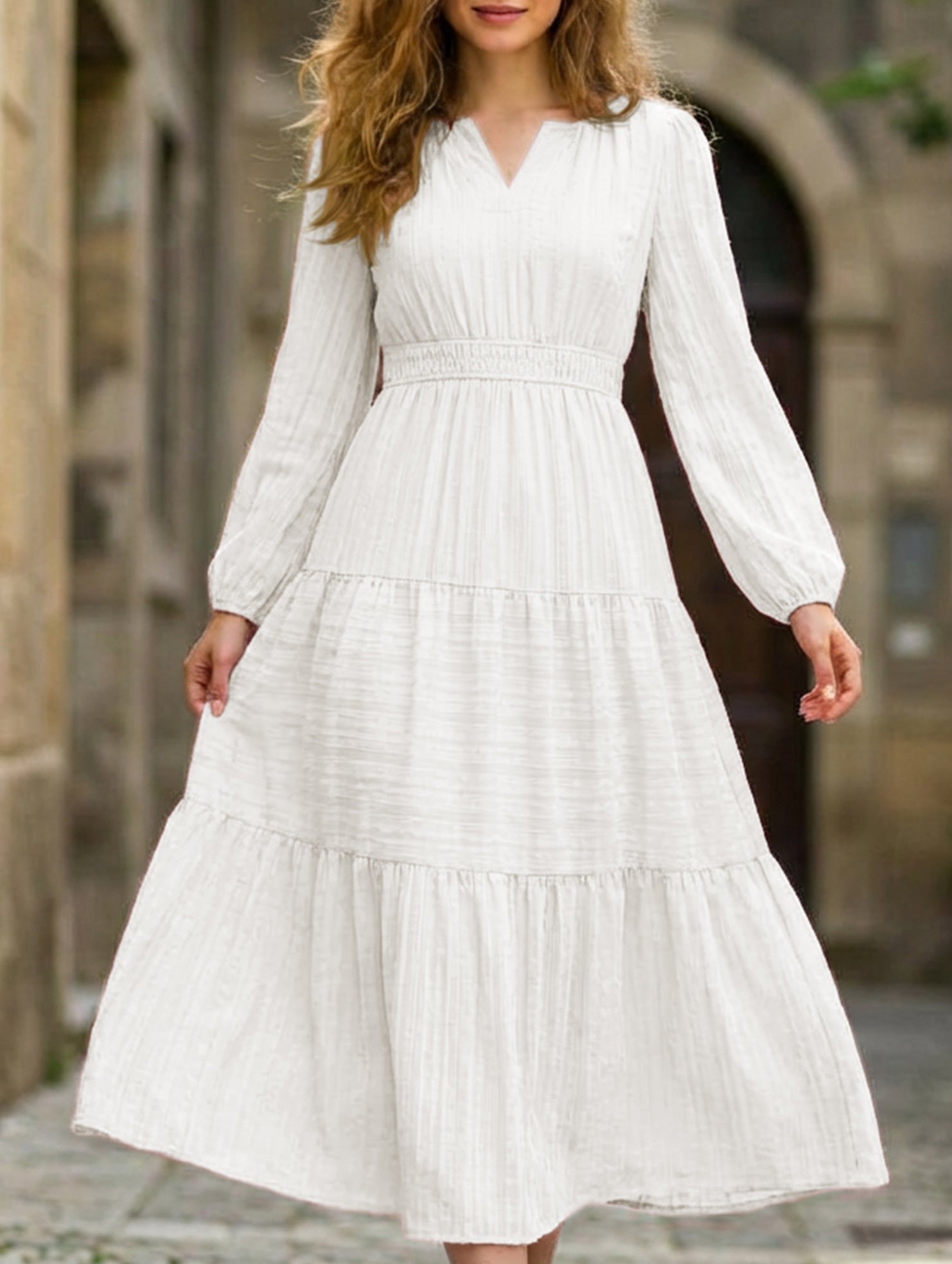 Anna-Berg | V Neck Tiered Puff Sleeve Dress