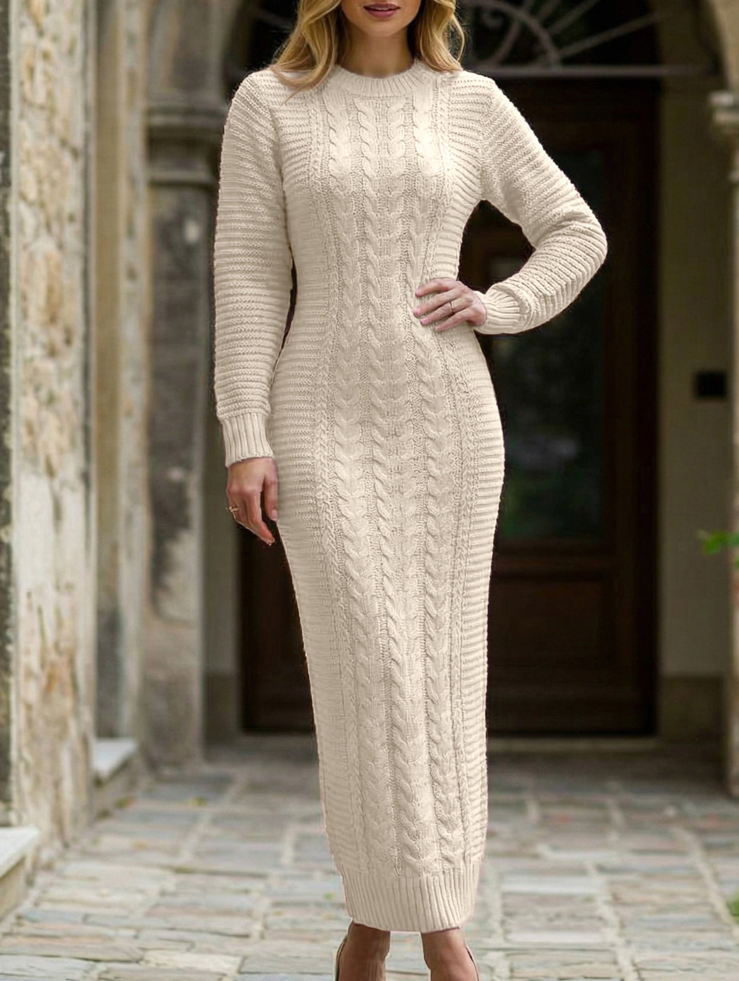 Anna-Berg | Fashionable Cable Knit Long-Sleeved Wool Dress