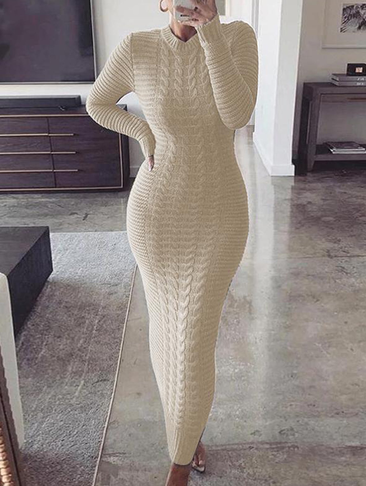 Anna-Berg | Fashionable Cable Knit Long-Sleeved Wool Dress