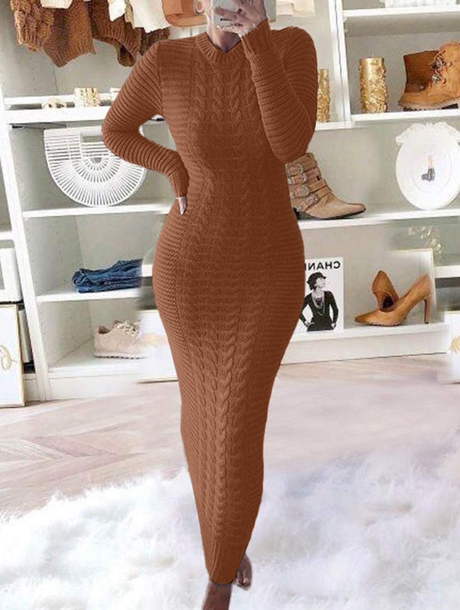Anna-Berg | Fashionable Cable Knit Long-Sleeved Wool Dress