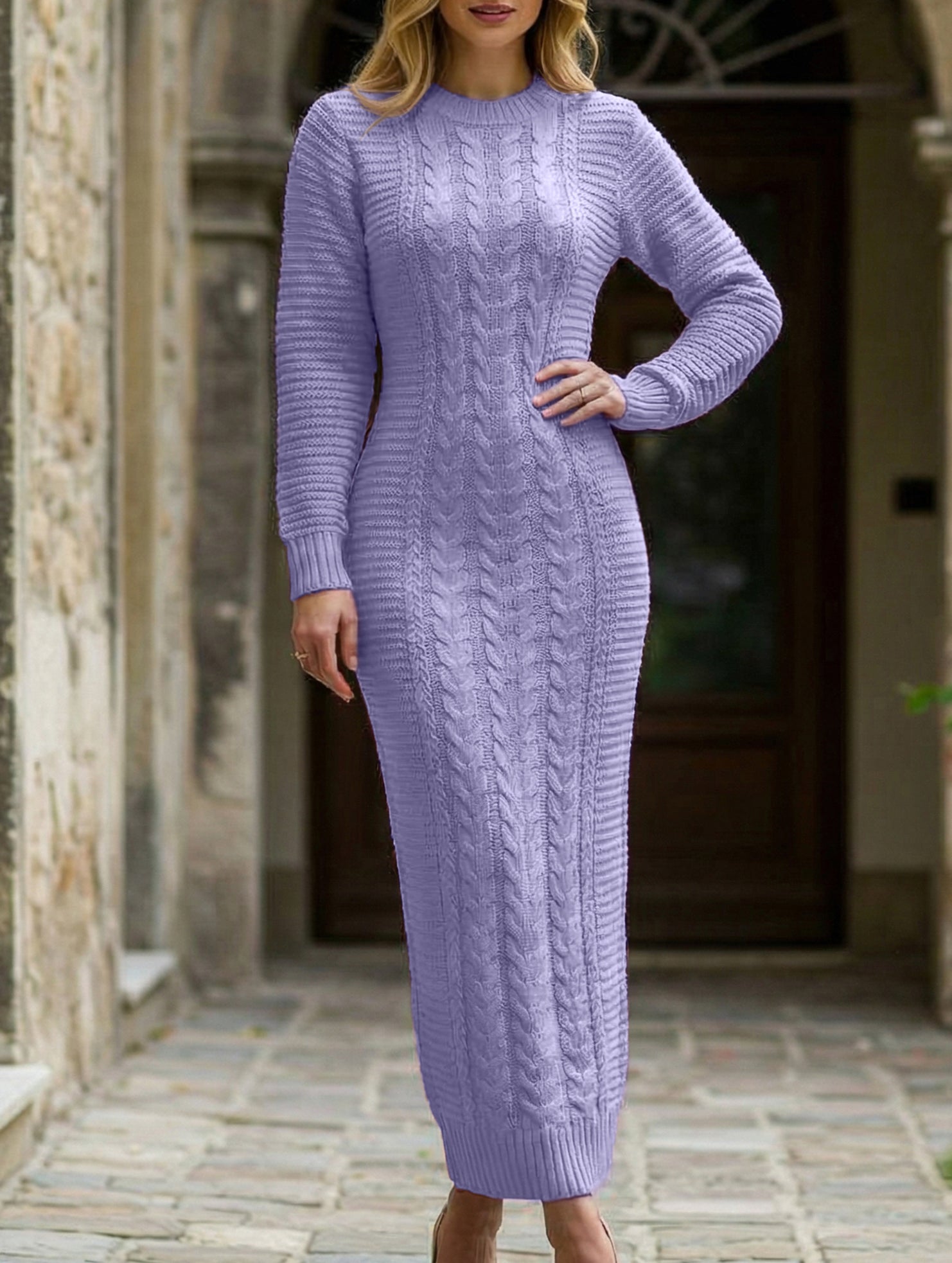 Anna-Berg | Fashionable Cable Knit Long-Sleeved Wool Dress