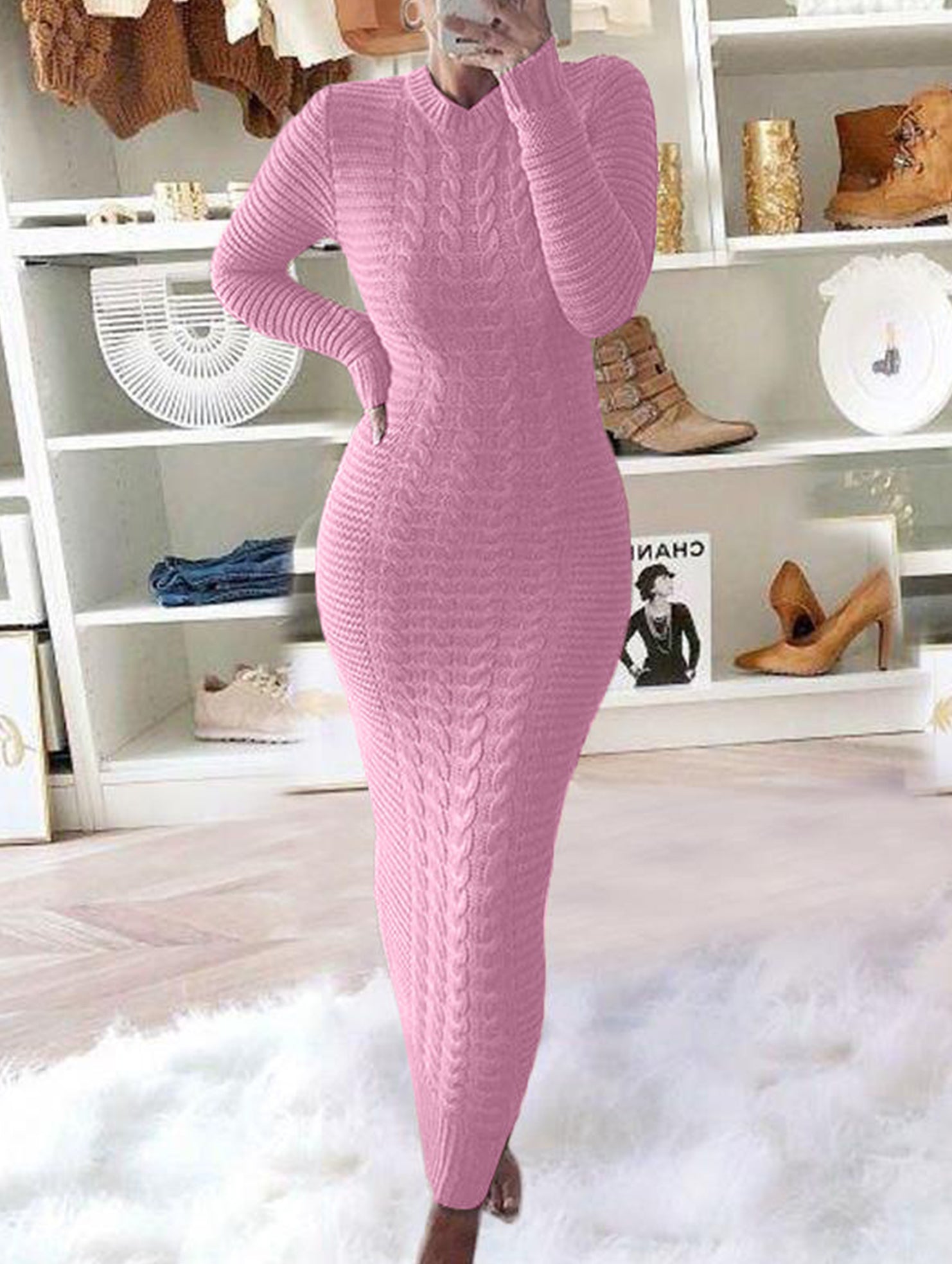 Anna-Berg | Fashionable Cable Knit Long-Sleeved Wool Dress