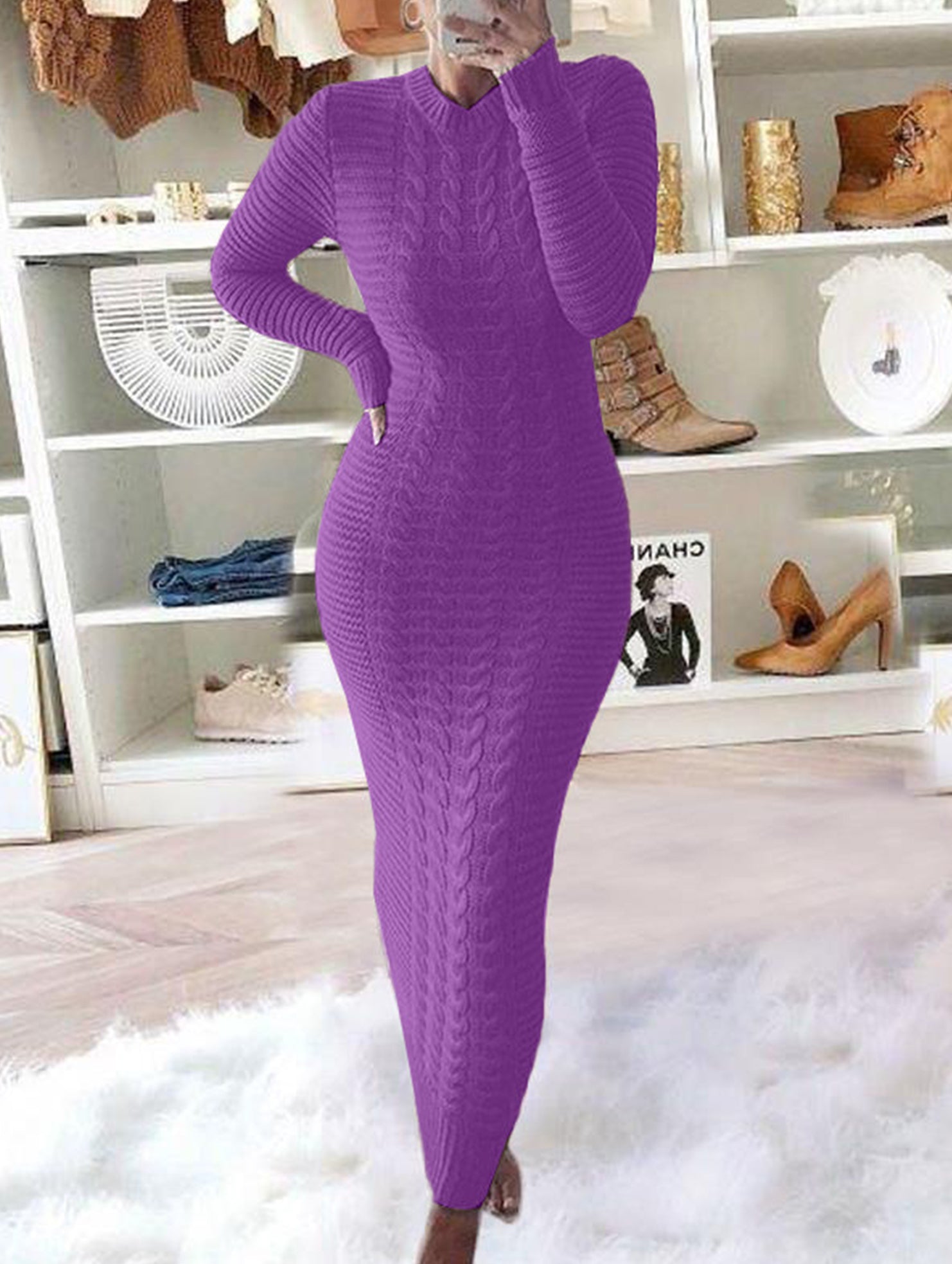 Anna-Berg | Fashionable Cable Knit Long-Sleeved Wool Dress