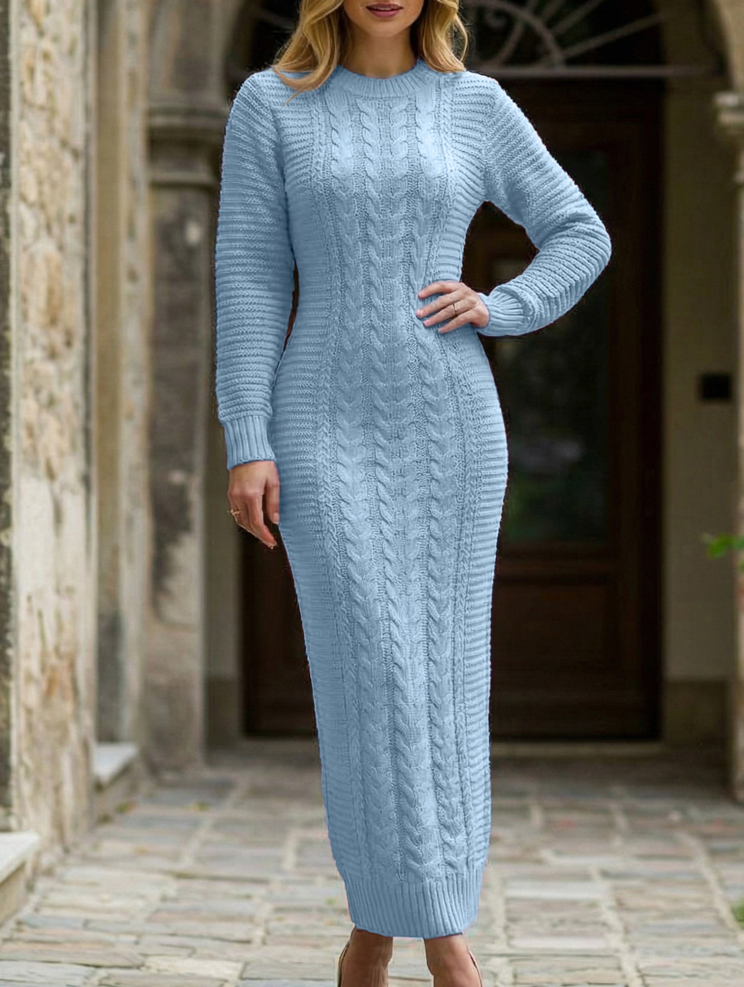 Anna-Berg | Fashionable Cable Knit Long-Sleeved Wool Dress