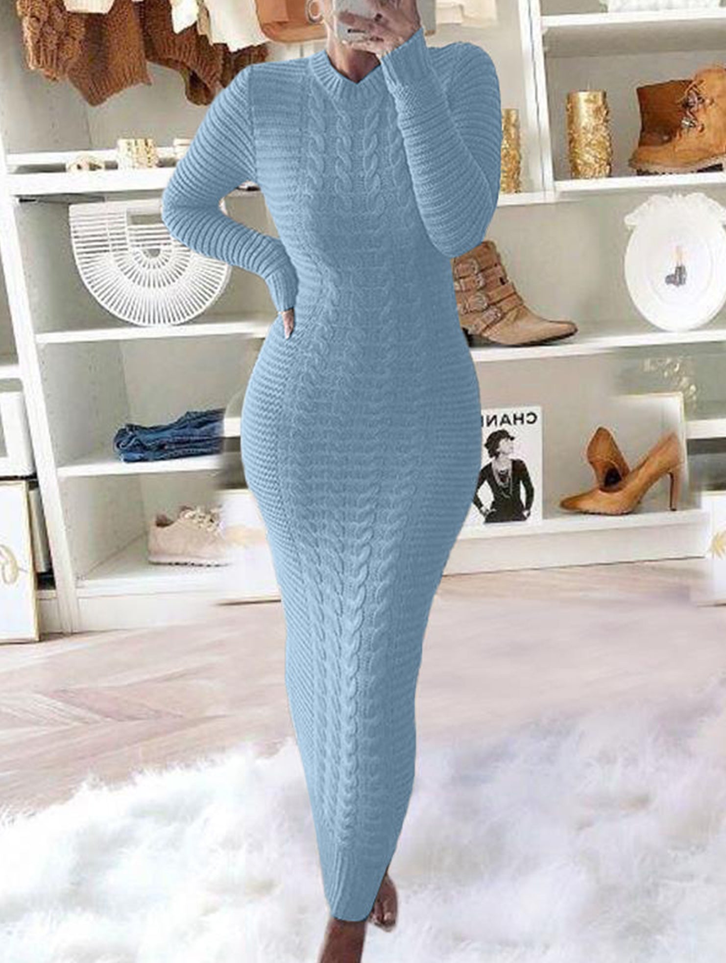 Anna-Berg | Fashionable Cable Knit Long-Sleeved Wool Dress
