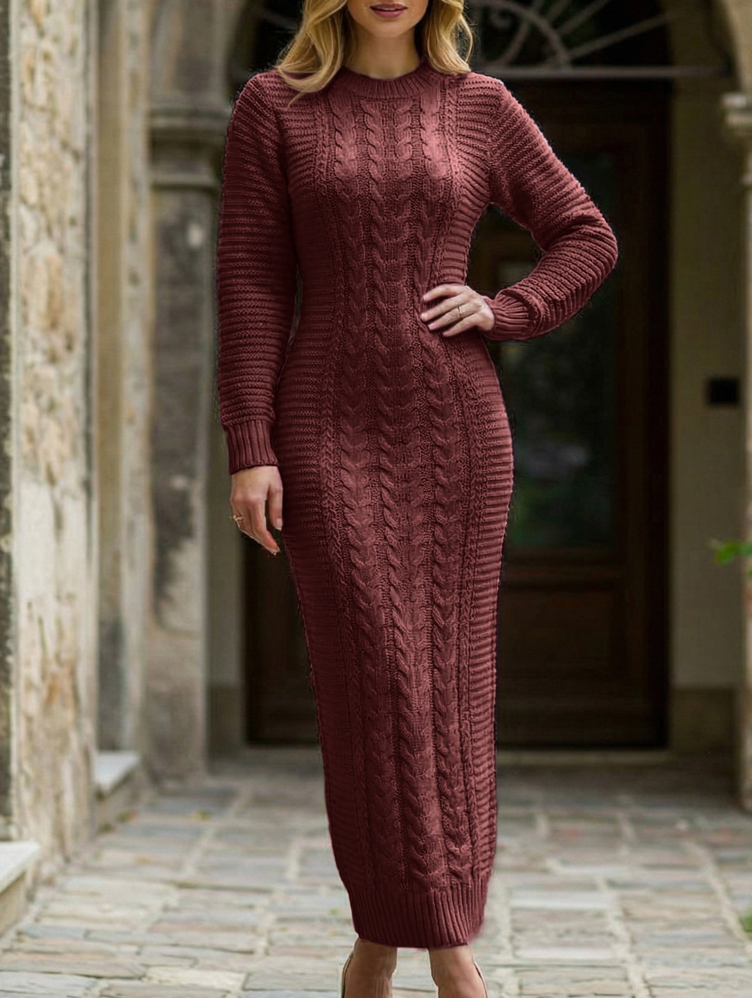 Anna-Berg | Fashionable Cable Knit Long-Sleeved Wool Dress