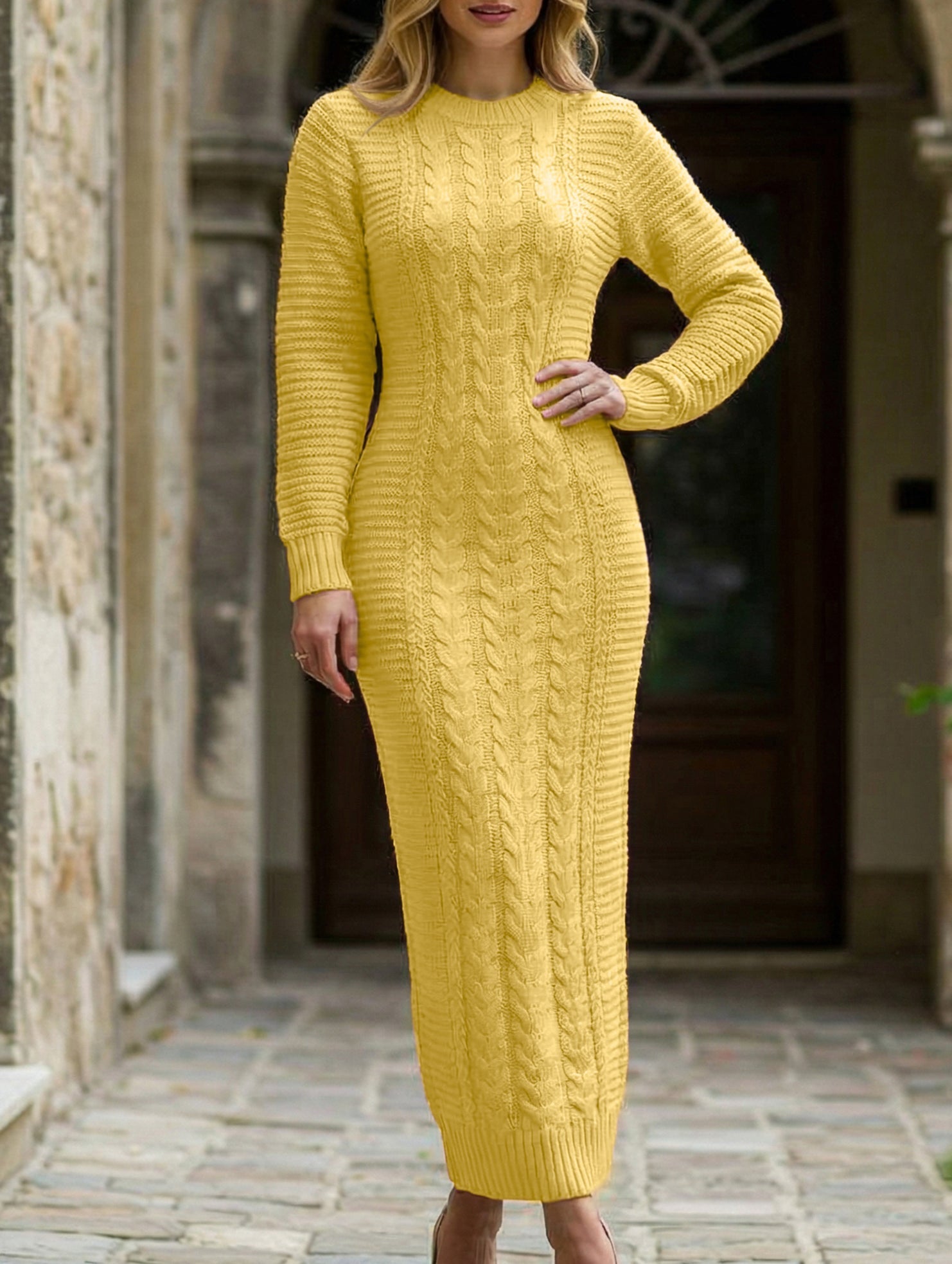 Anna-Berg | Fashionable Cable Knit Long-Sleeved Wool Dress