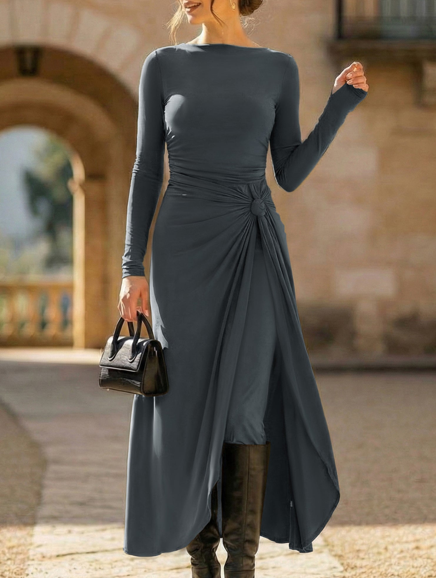 Anna-Berg | Solid Wrap Style Knot Long Dress