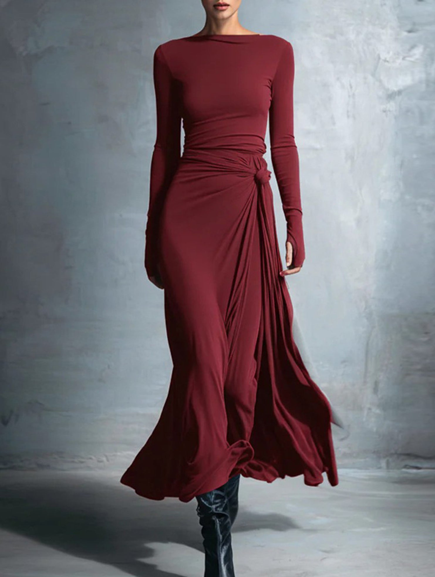 Anna-Berg | Solid Wrap Style Knot Long Dress