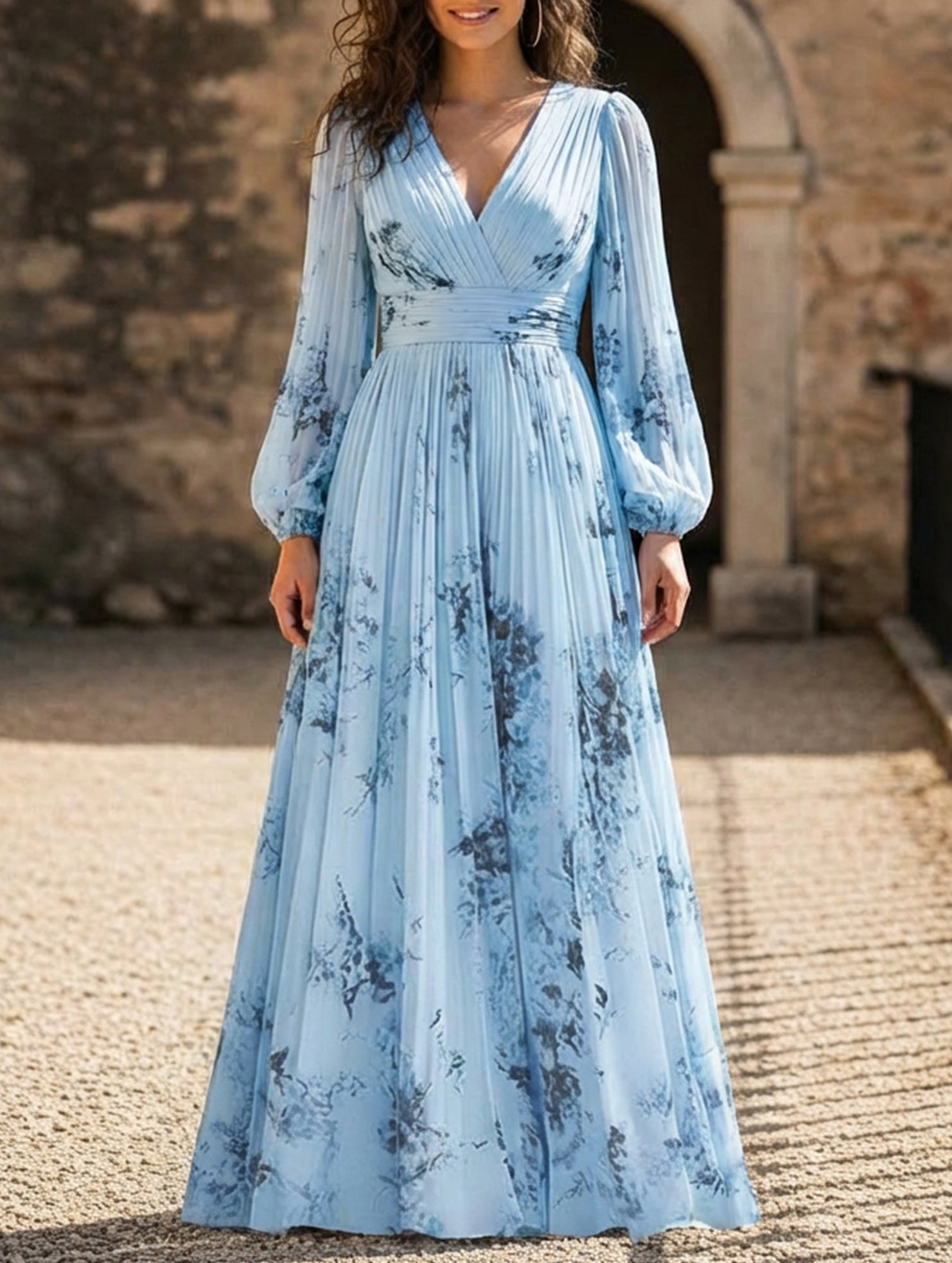 Anna-Berg | V Neck Pleated Printed Slim Dress