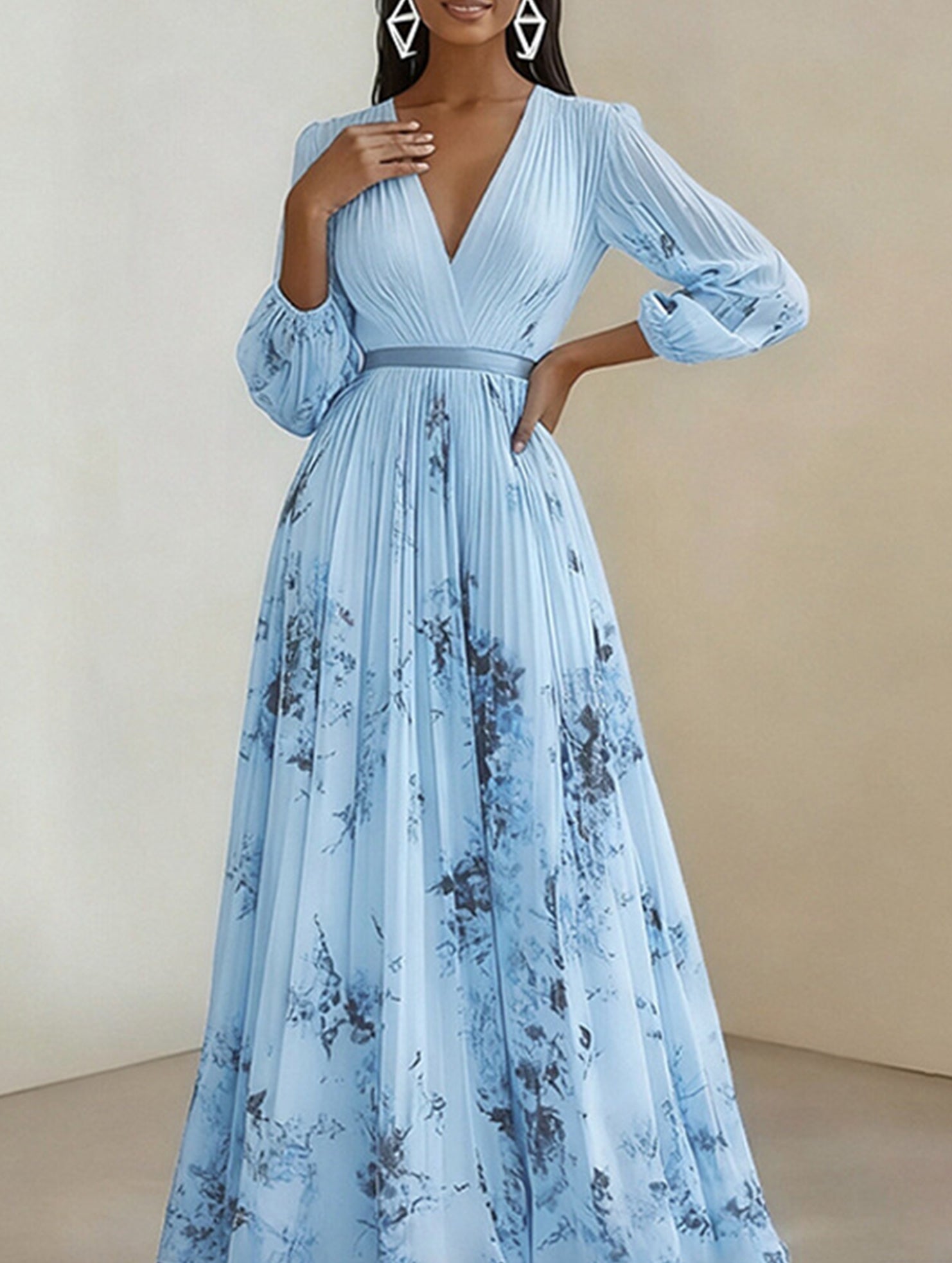 Anna-Berg | V Neck Pleated Printed Slim Dress
