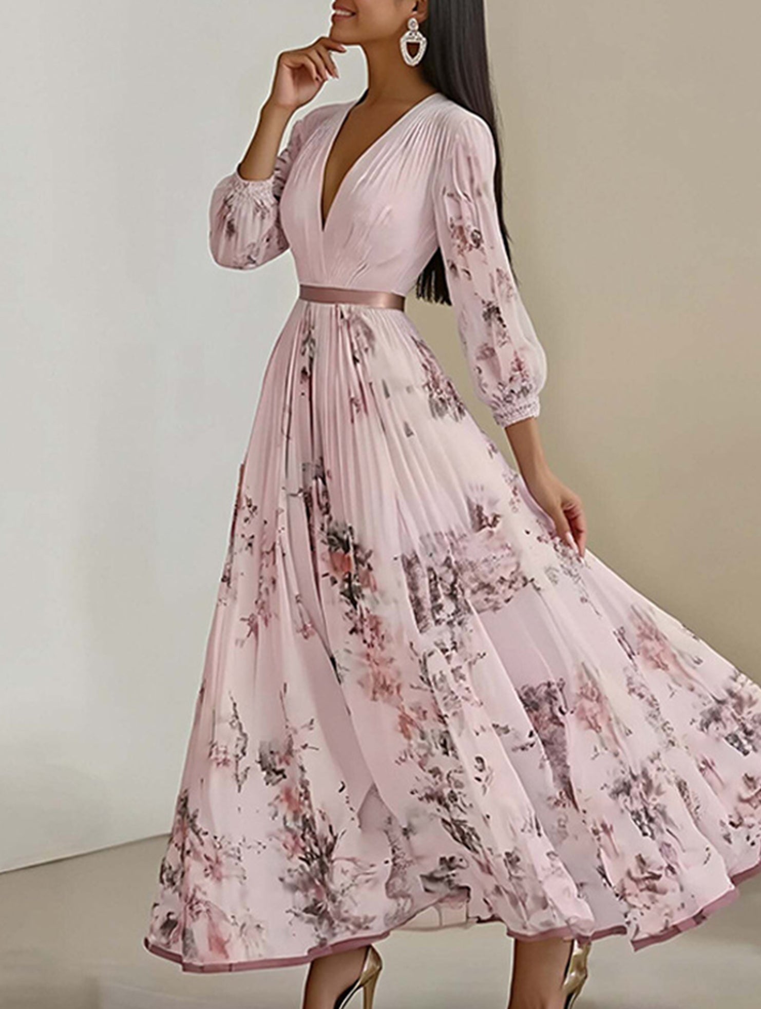 Anna-Berg | V Neck Pleated Printed Slim Dress