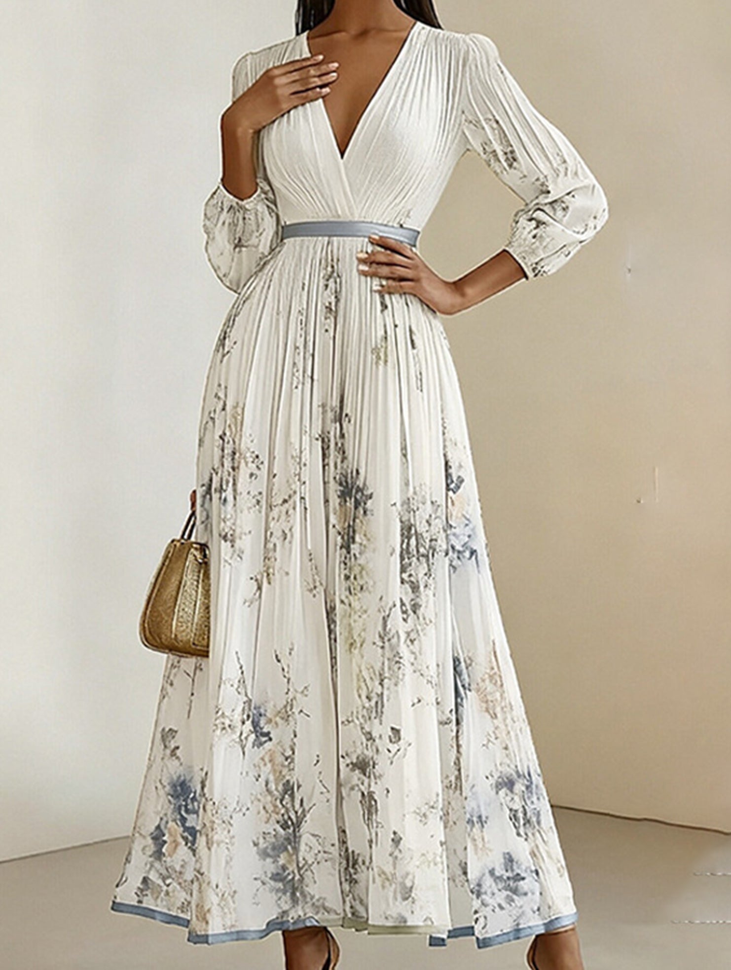 Anna-Berg | V Neck Pleated Printed Slim Dress