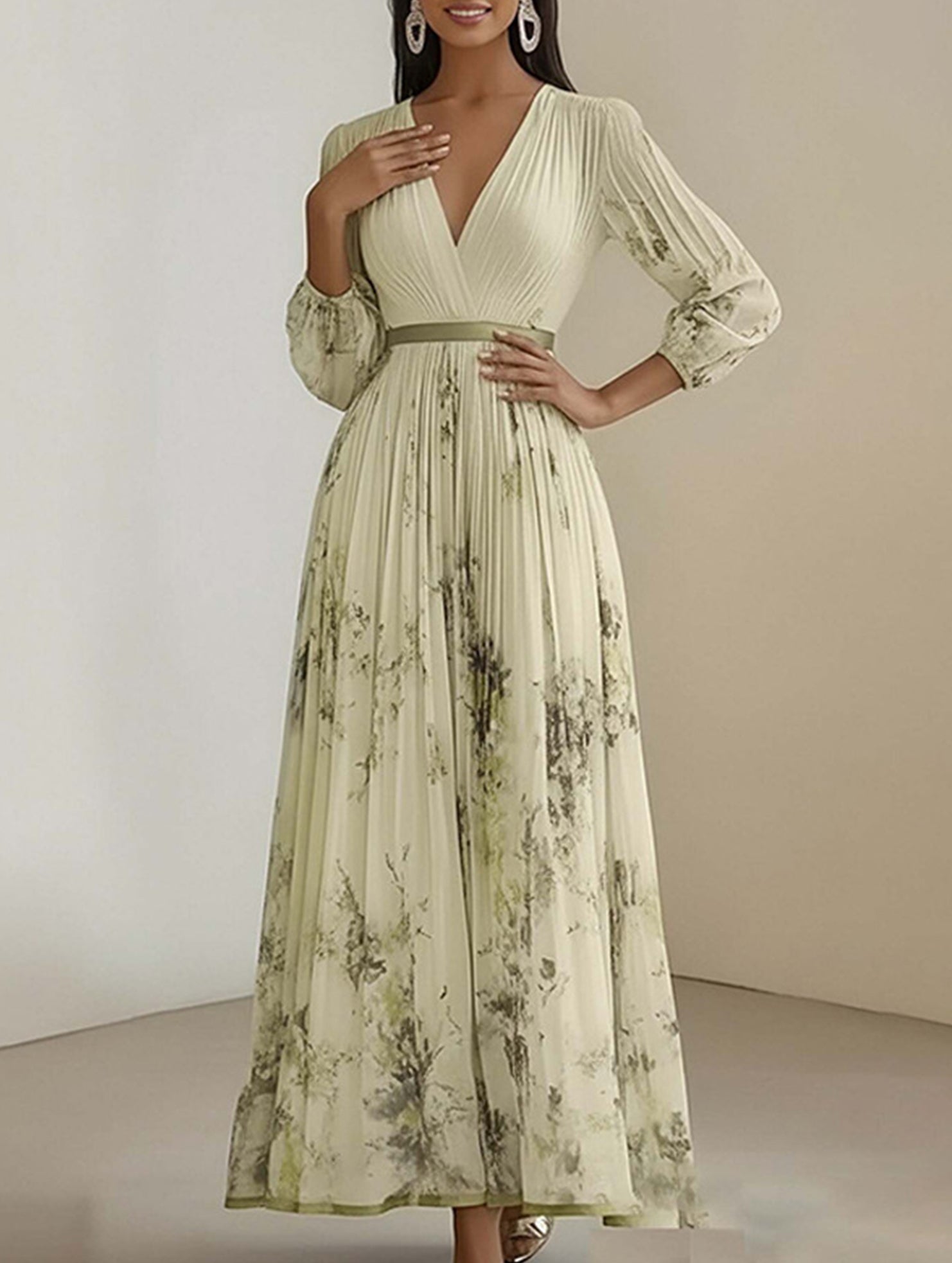 Anna-Berg | V Neck Pleated Printed Slim Dress