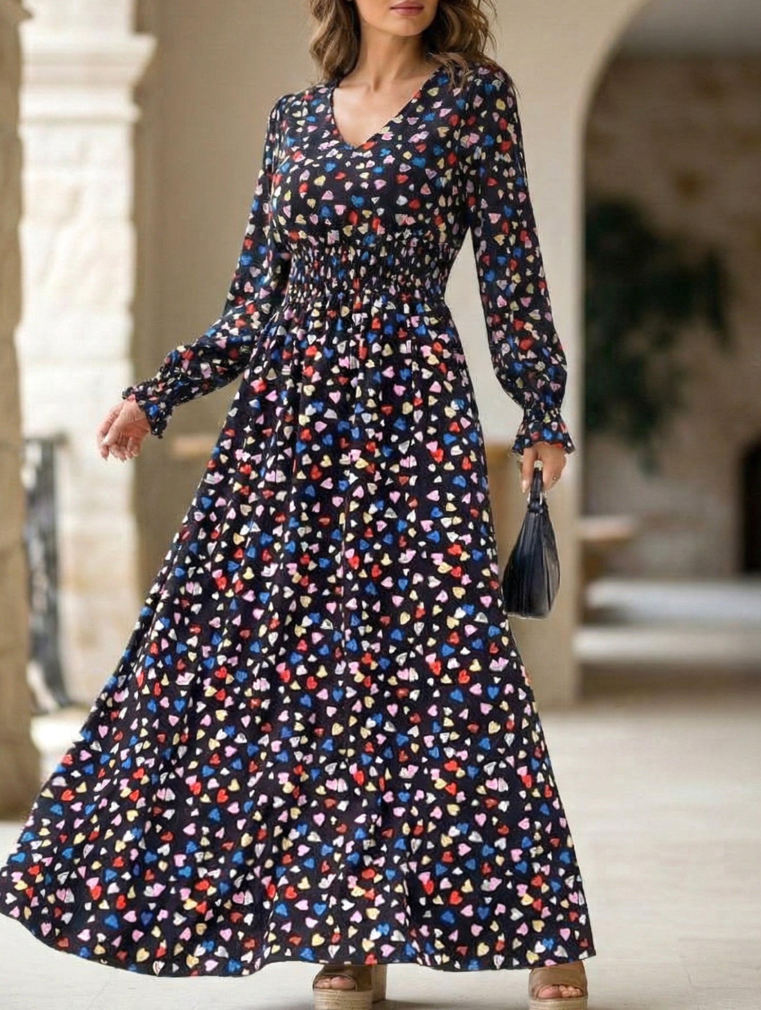 Anna-Berg | Printed V-Neck Full Skirt Dress