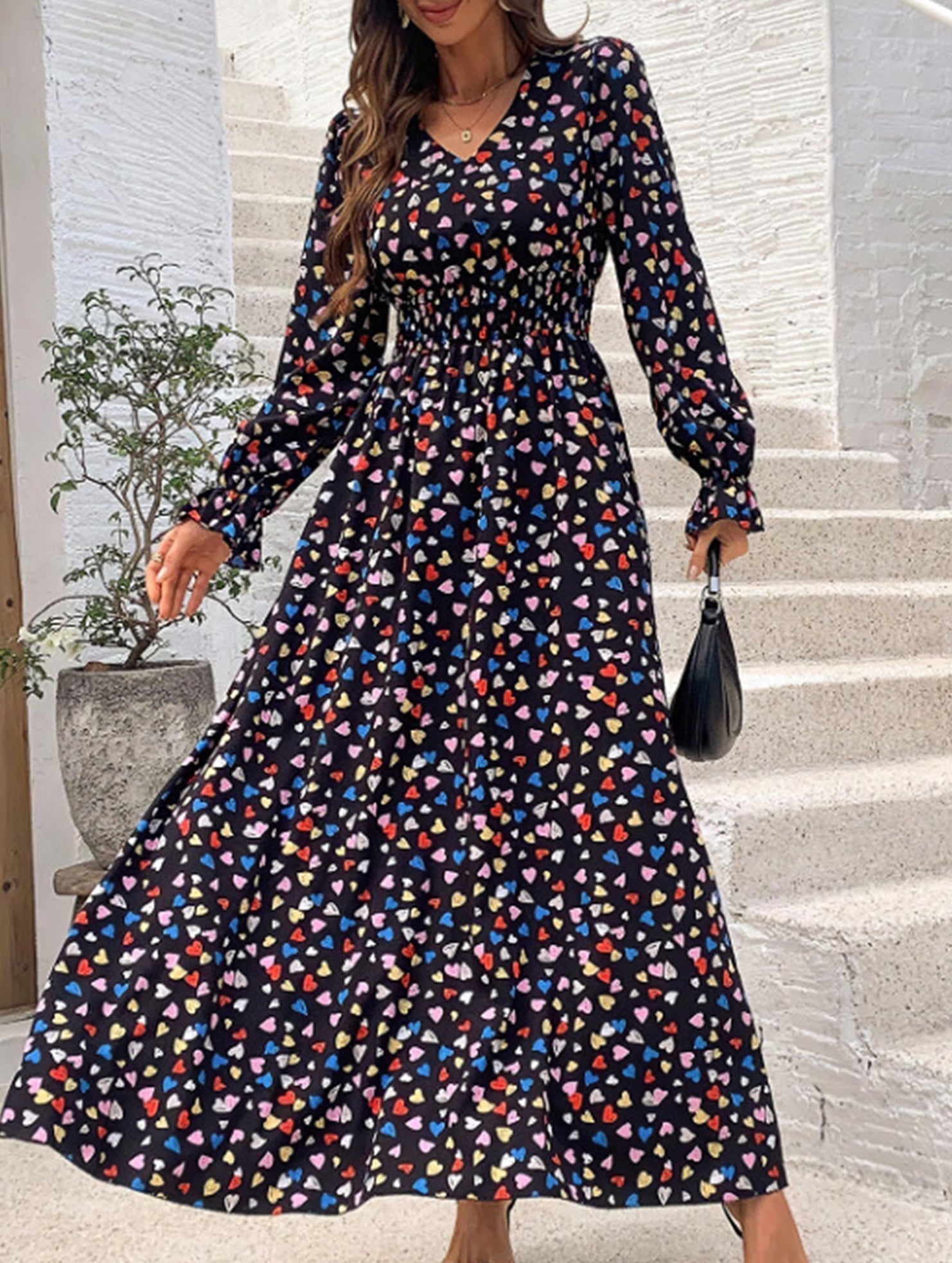 Anna-Berg | Printed V-Neck Full Skirt Dress