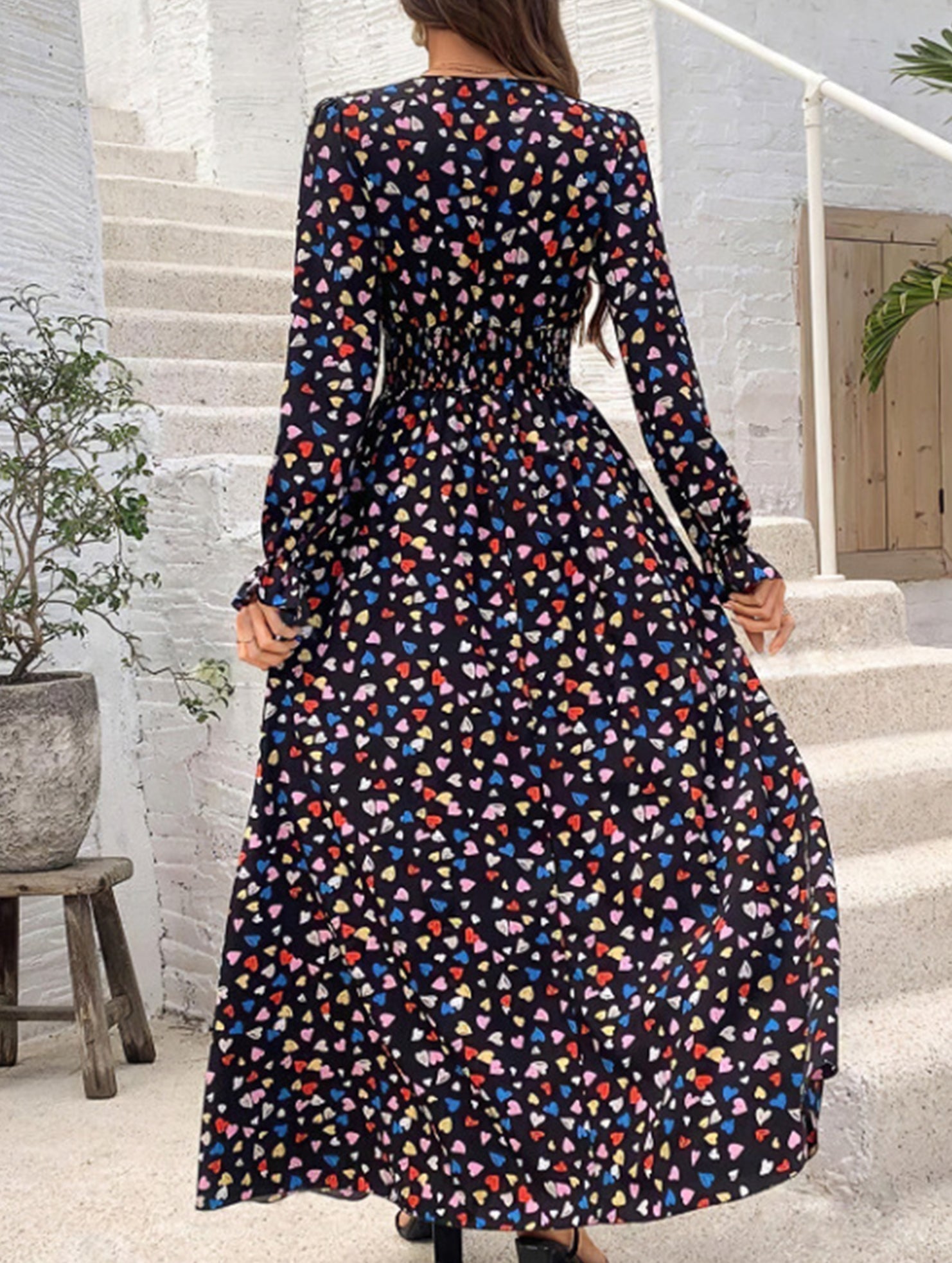 Anna-Berg | Printed V-Neck Full Skirt Dress
