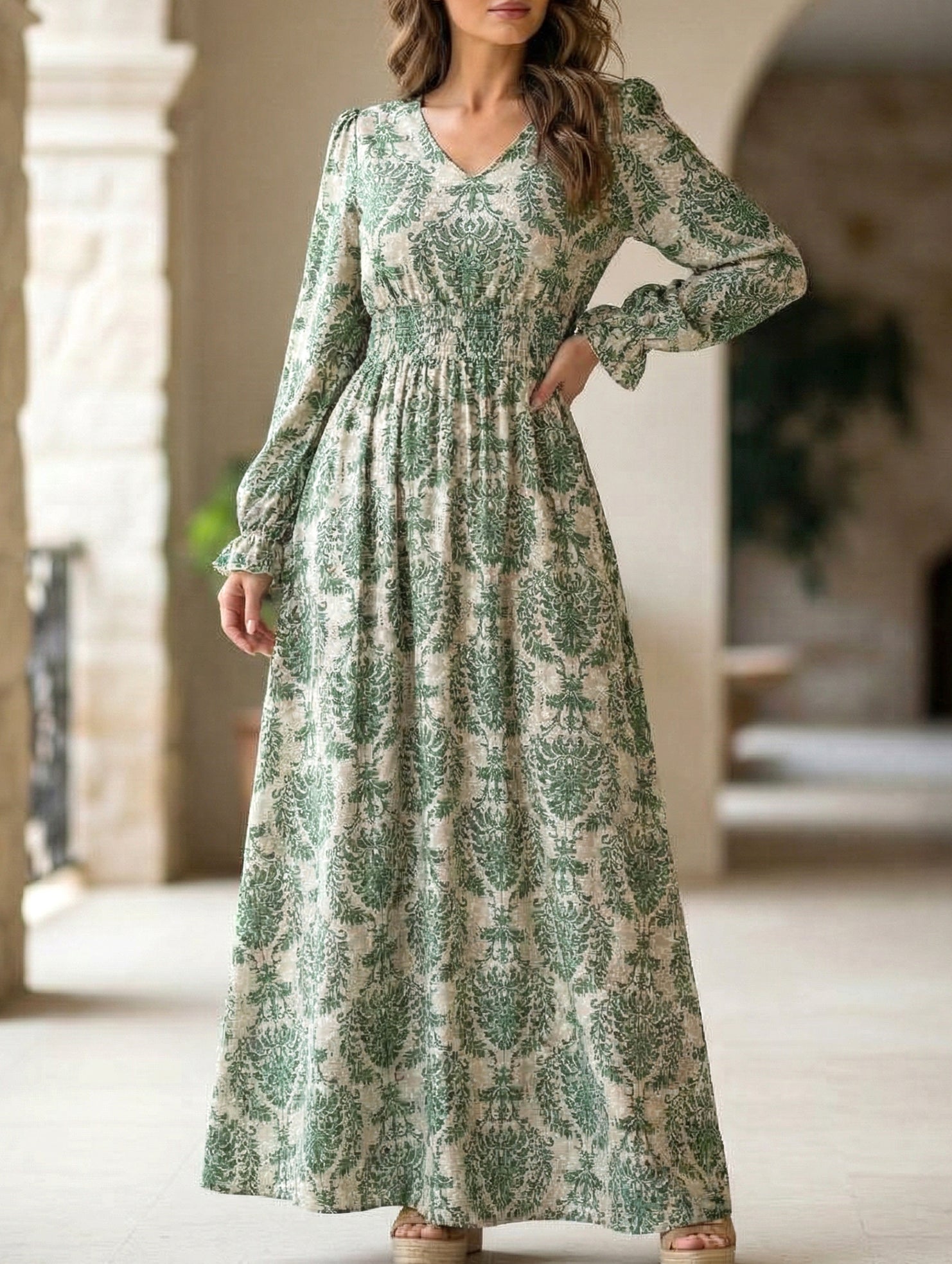 Anna-Berg | Printed V-Neck Full Skirt Dress
