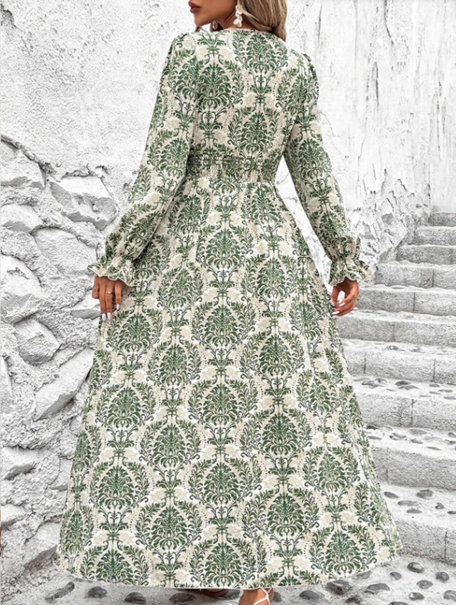 Anna-Berg | Printed V-Neck Full Skirt Dress
