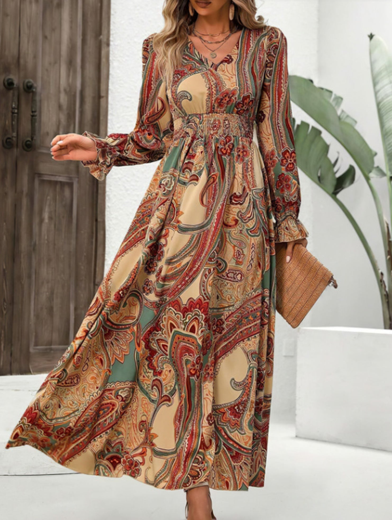 Anna-Berg | Printed V-Neck Full Skirt Dress