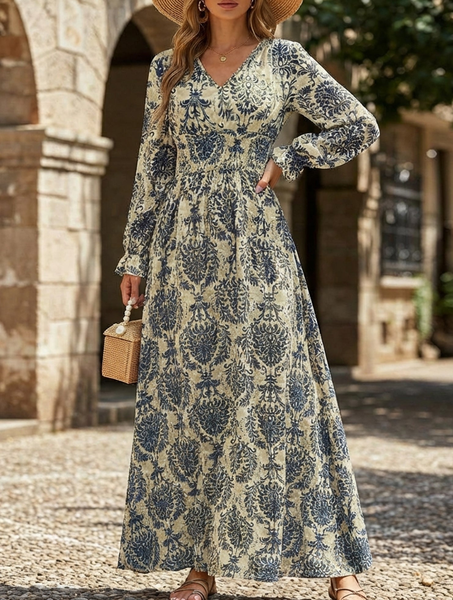 Anna-Berg | Vintage Print V Neck Long Dress