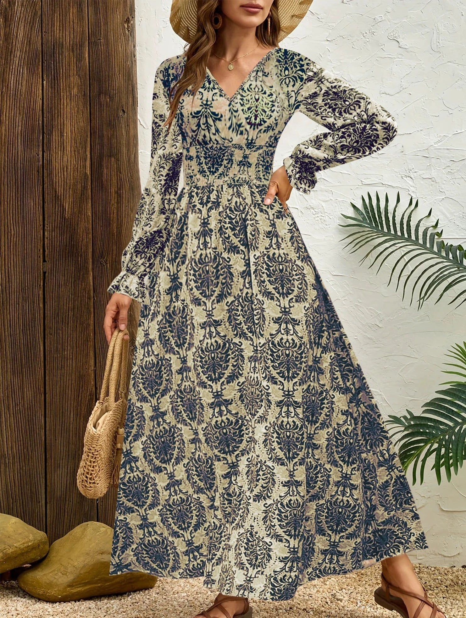Anna-Berg | Vintage Print V Neck Long Dress