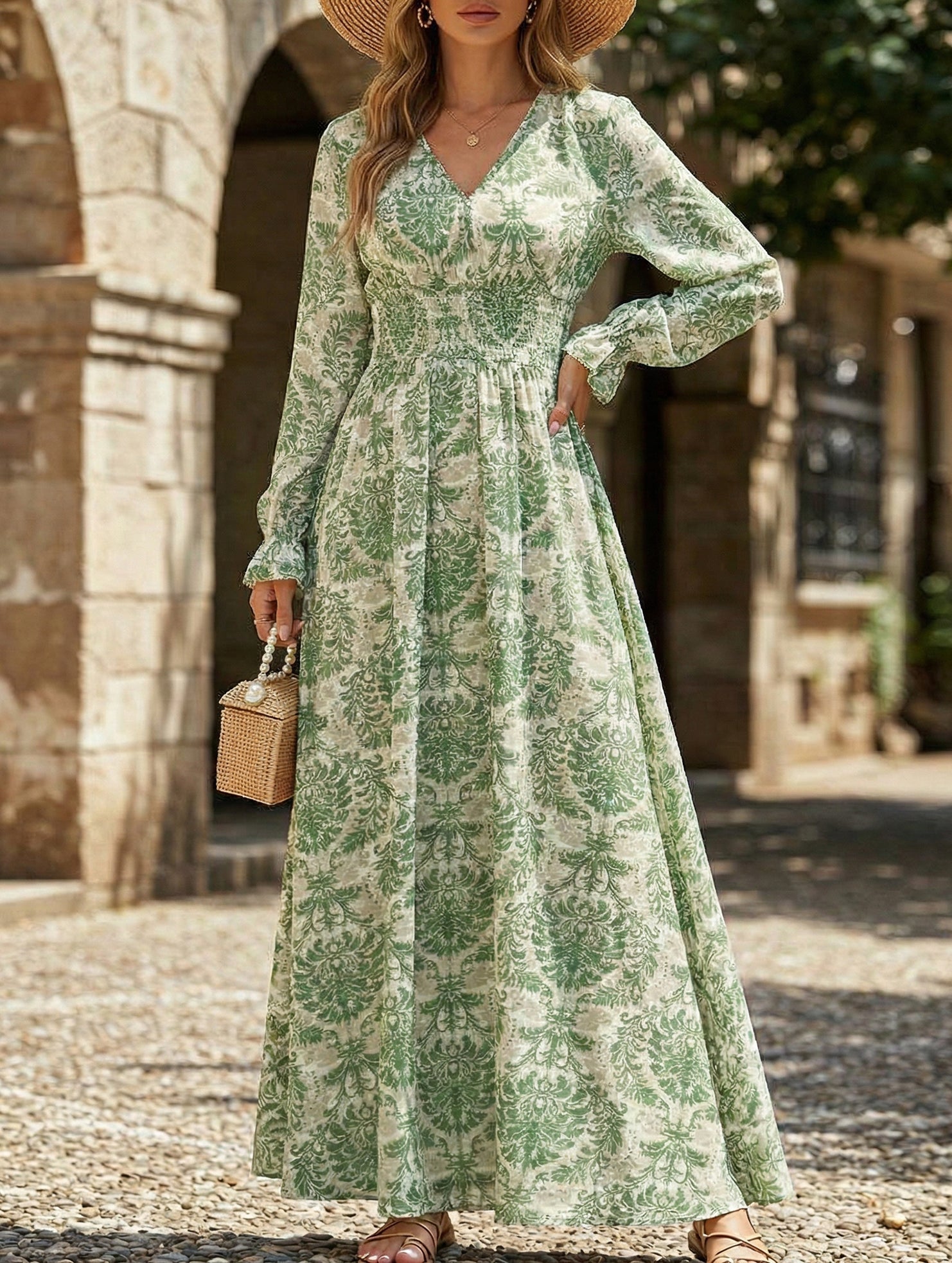 Anna-Berg | Vintage Print V Neck Long Dress
