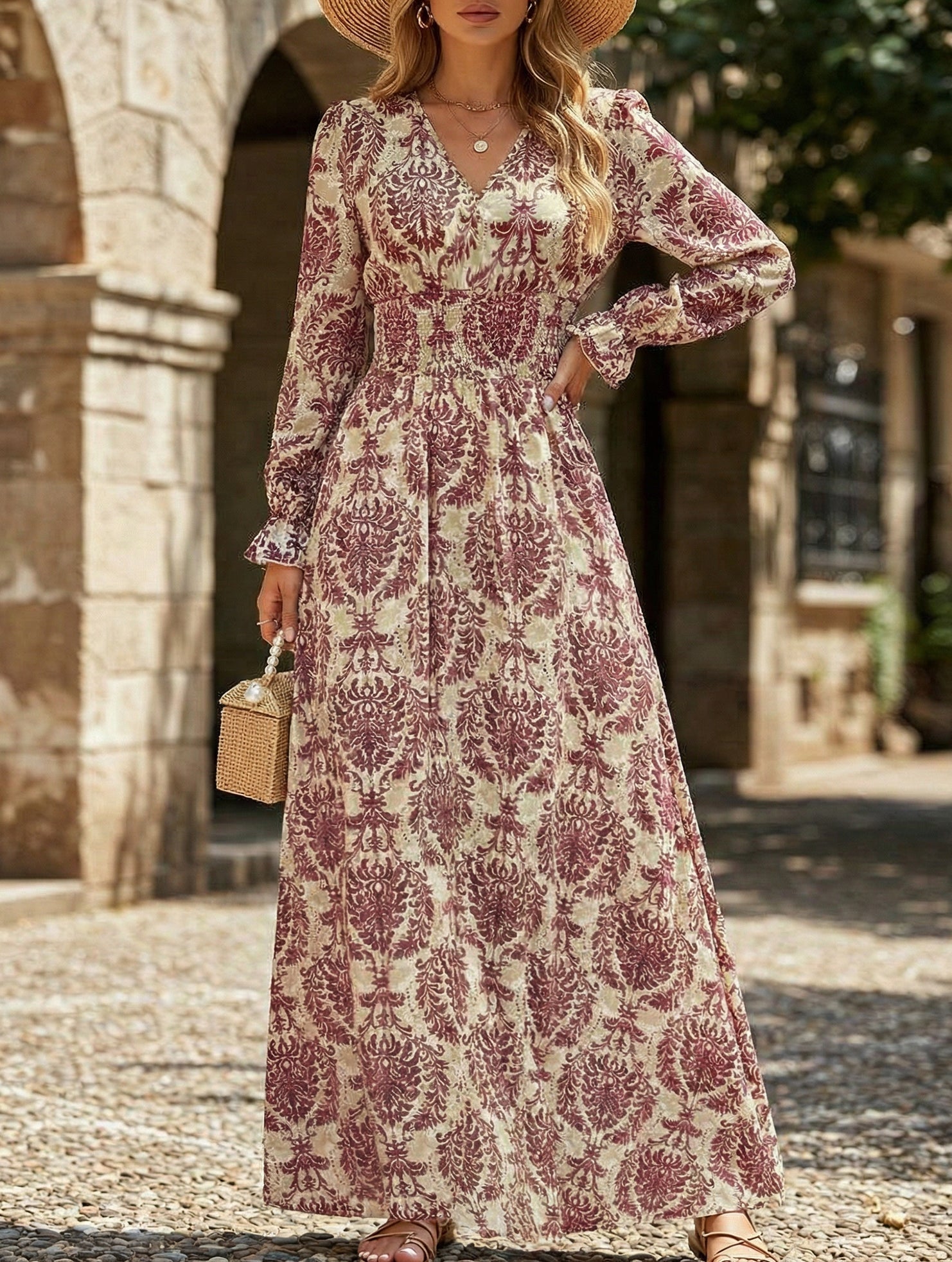 Anna-Berg | Vintage Print V Neck Long Dress