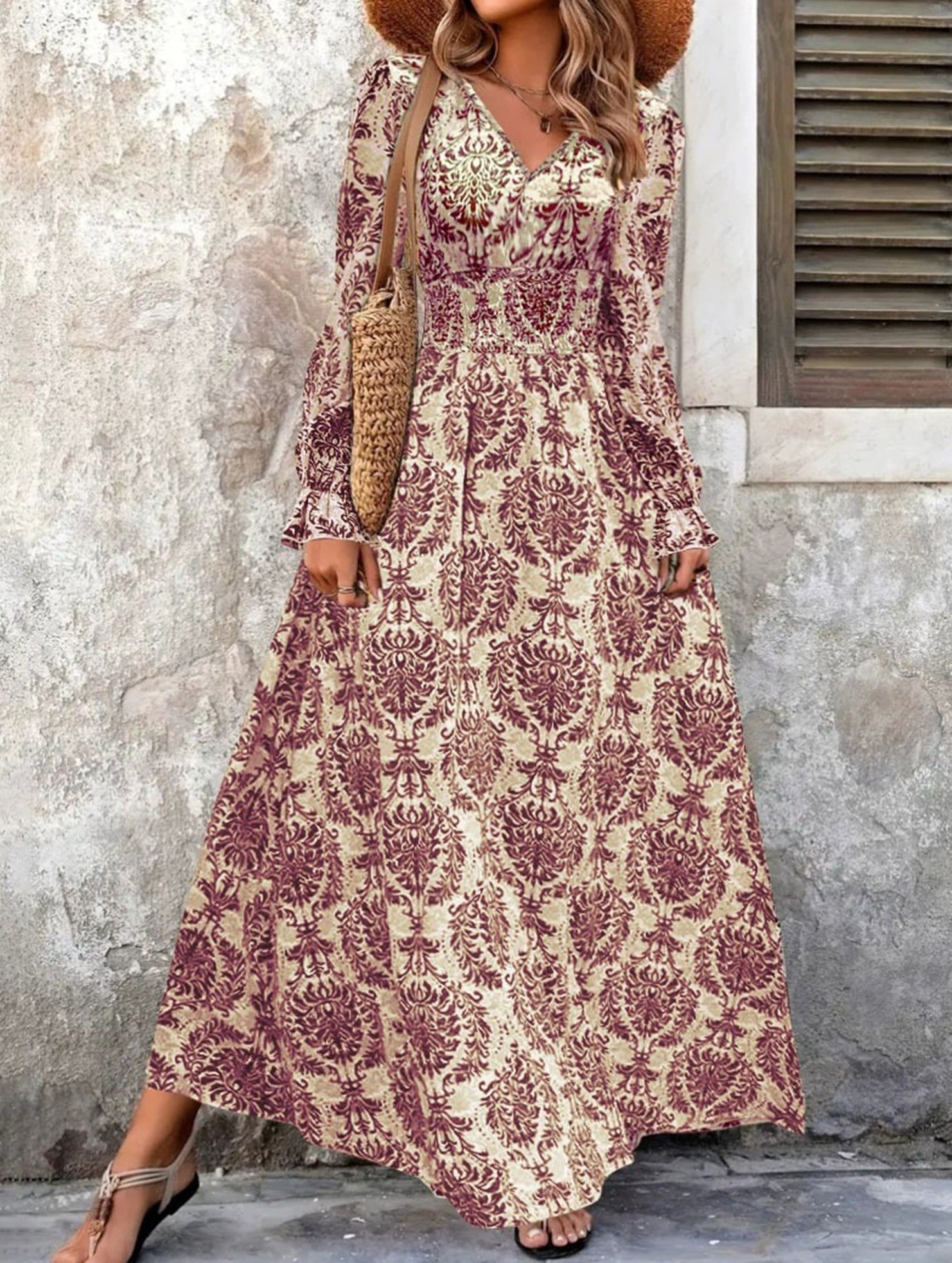 Anna-Berg | Vintage Print V Neck Long Dress
