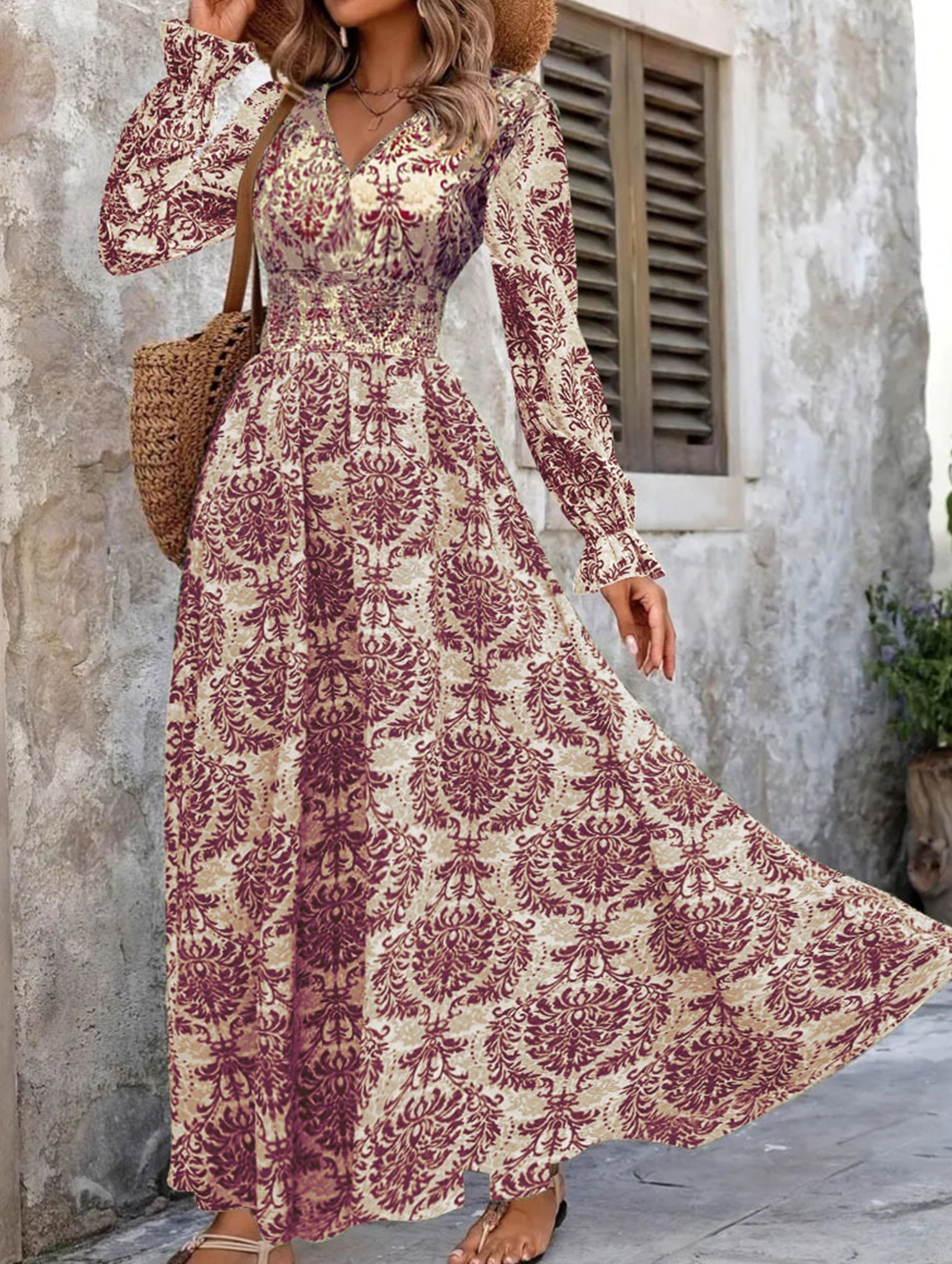 Anna-Berg | Vintage Print V Neck Long Dress