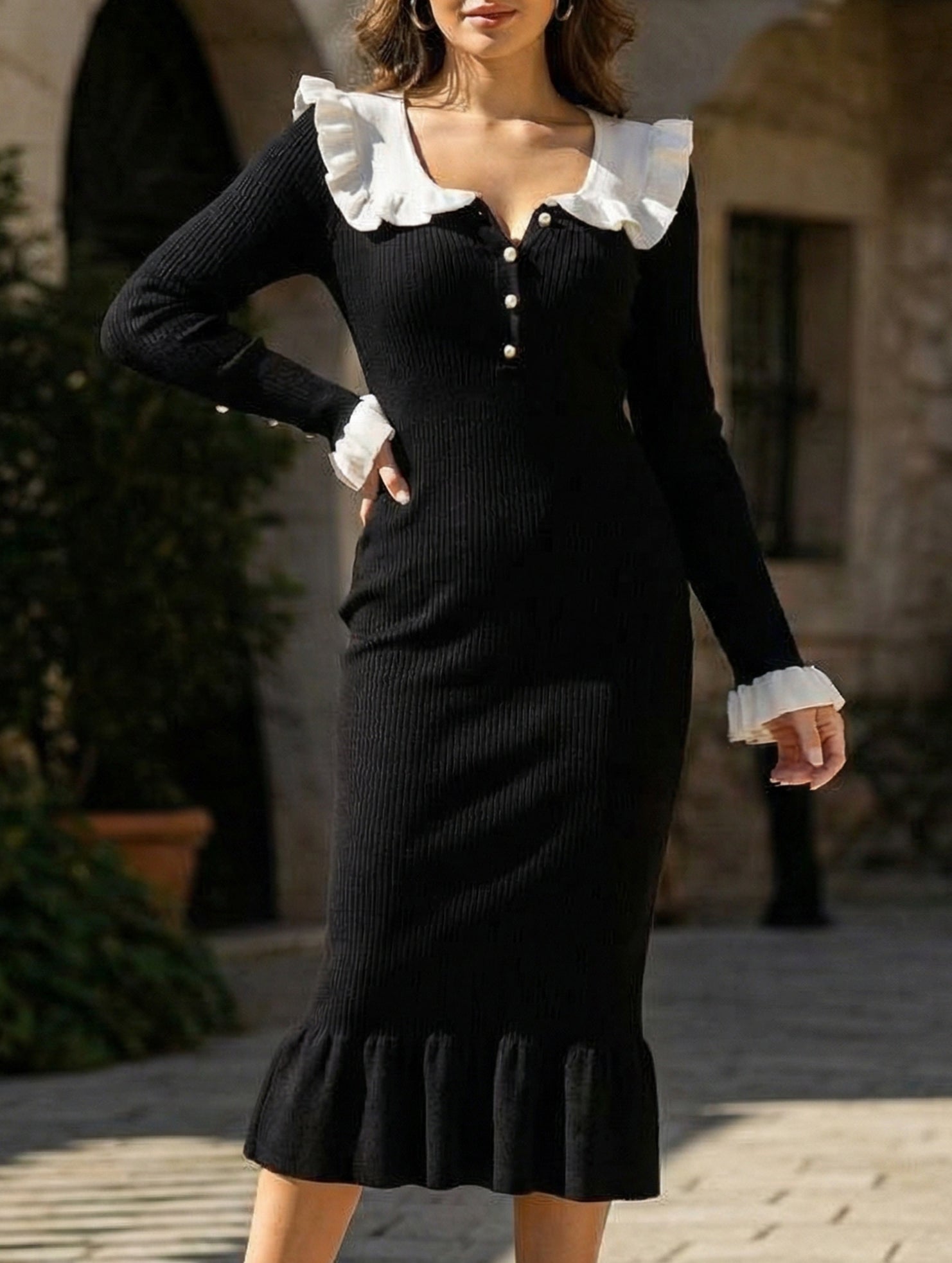 Anna-Berg | Ruffle V Neck Slim Long Dress