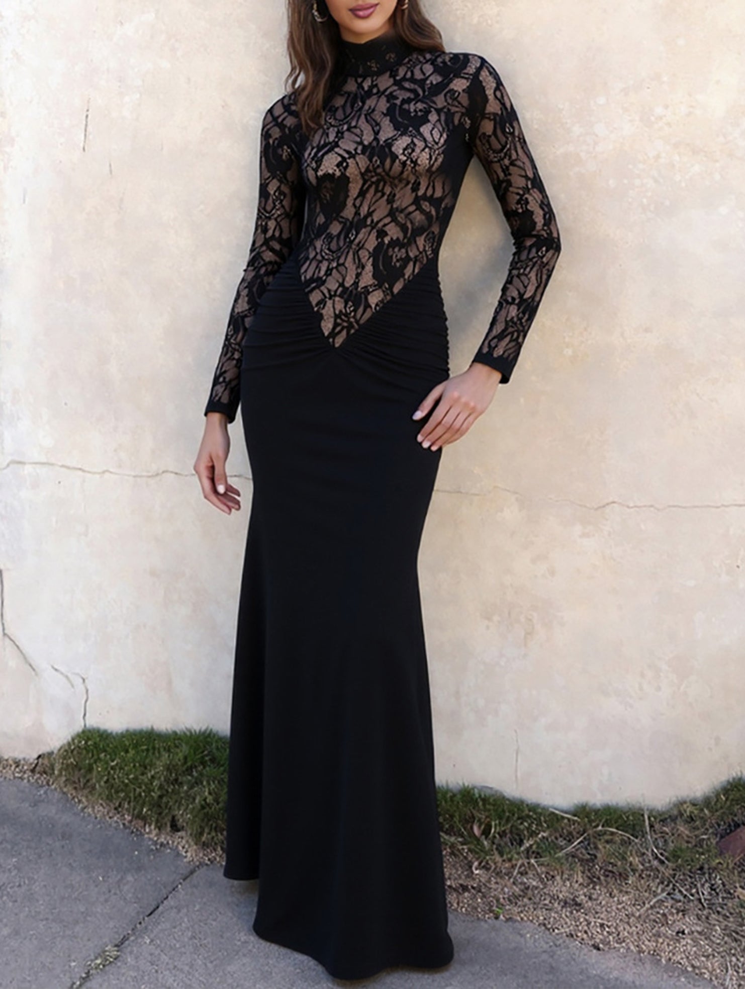 Anna-Berg | Lace Hollow Mock Neck Bodycon Dress