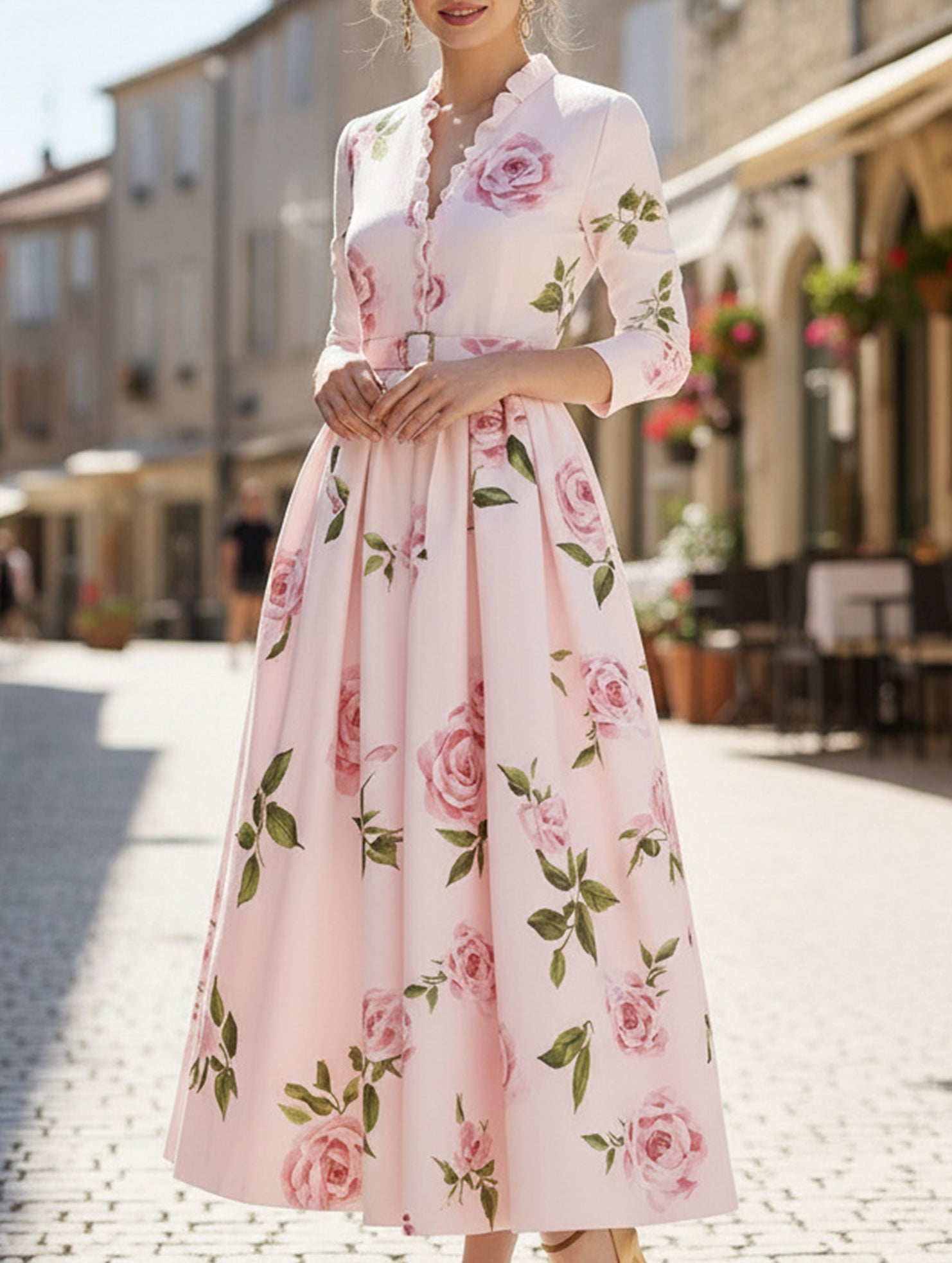 Anna-Berg | Print V Neck Waist A-Line Dress